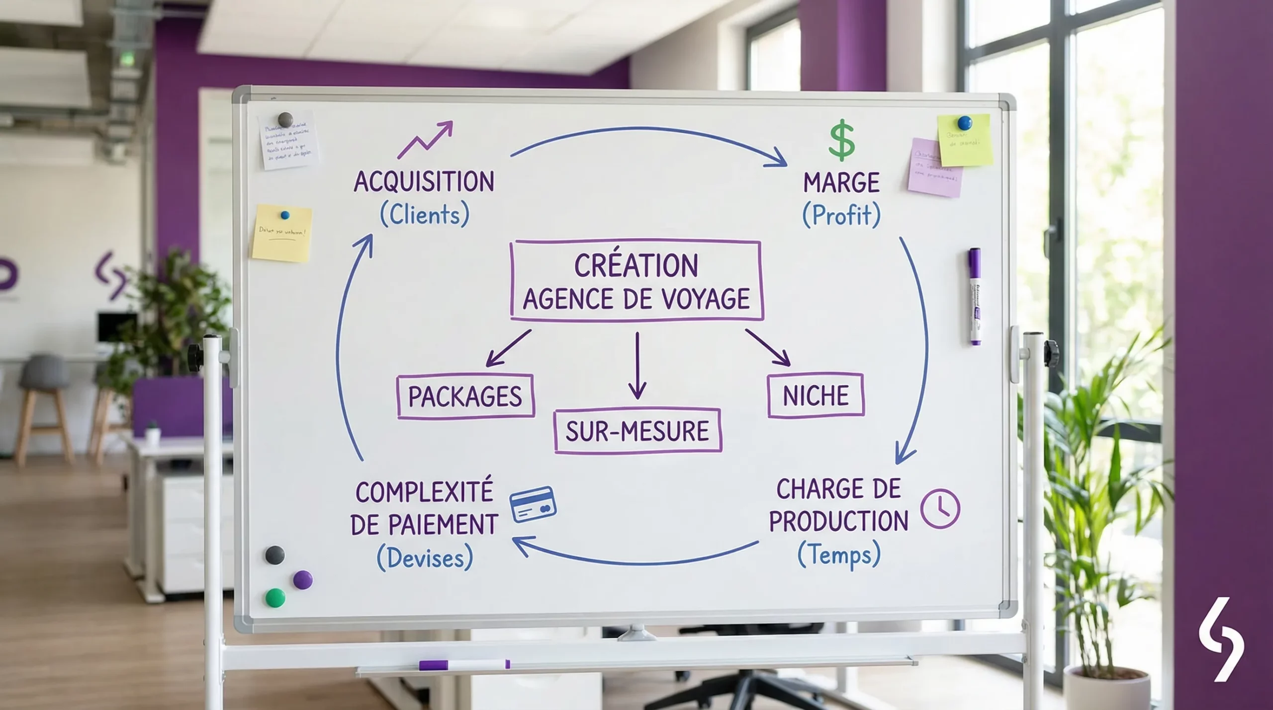 Schéma simple de décision pour une agence de voyage en création, montrant trois branches “Packages”, “Sur-mesure” et “Niche”, avec quatre critères de choix autour (acquisition, marge, charge de production, complexité de paiement).