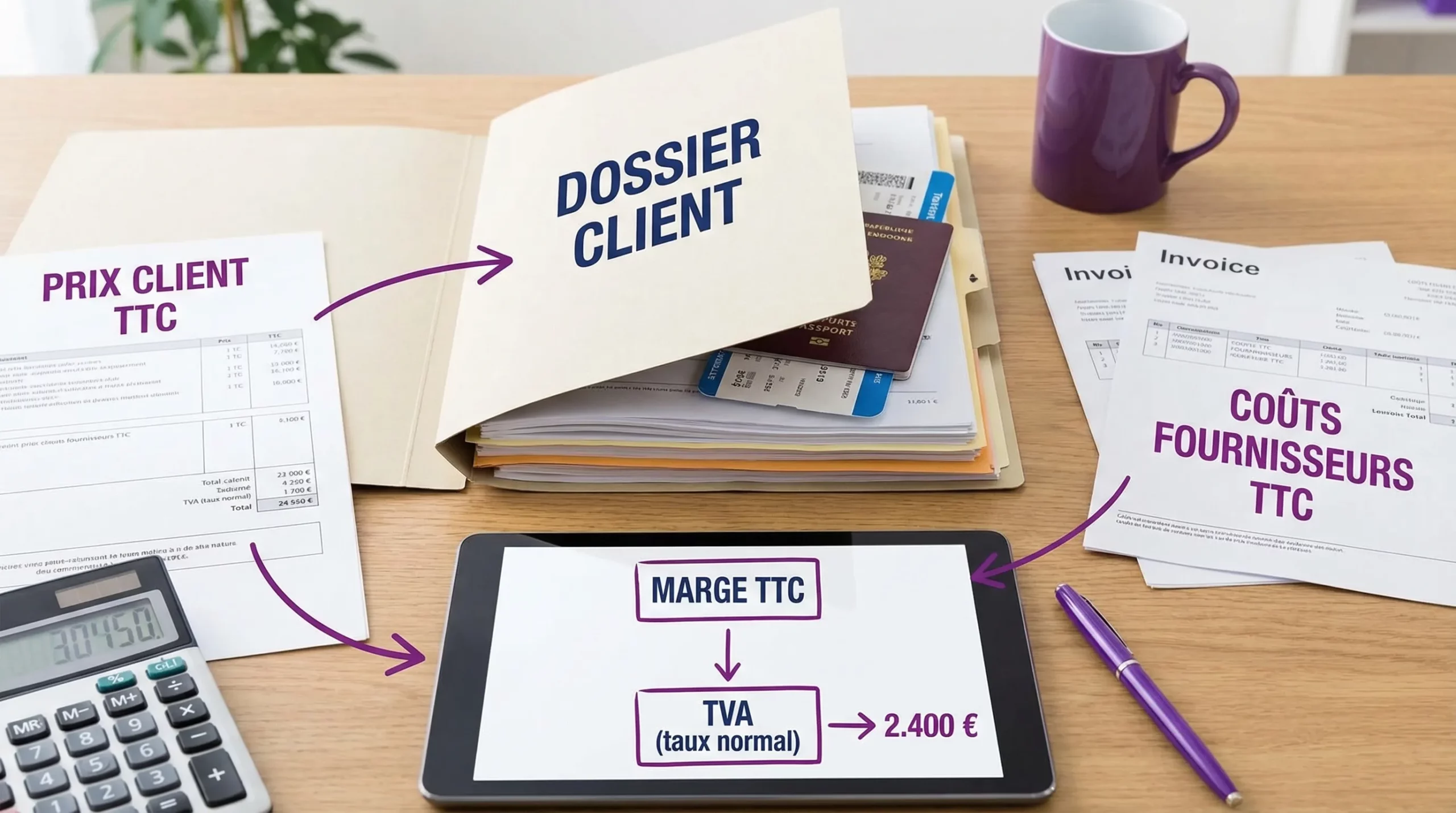 Schéma simple du calcul de TVA sur marge pour une agence de voyages, avec un dossier client au centre, le prix client TTC à gauche, les coûts fournisseurs TTC à droite, et la marge TTC en bas, puis extraction de la TVA au taux normal.