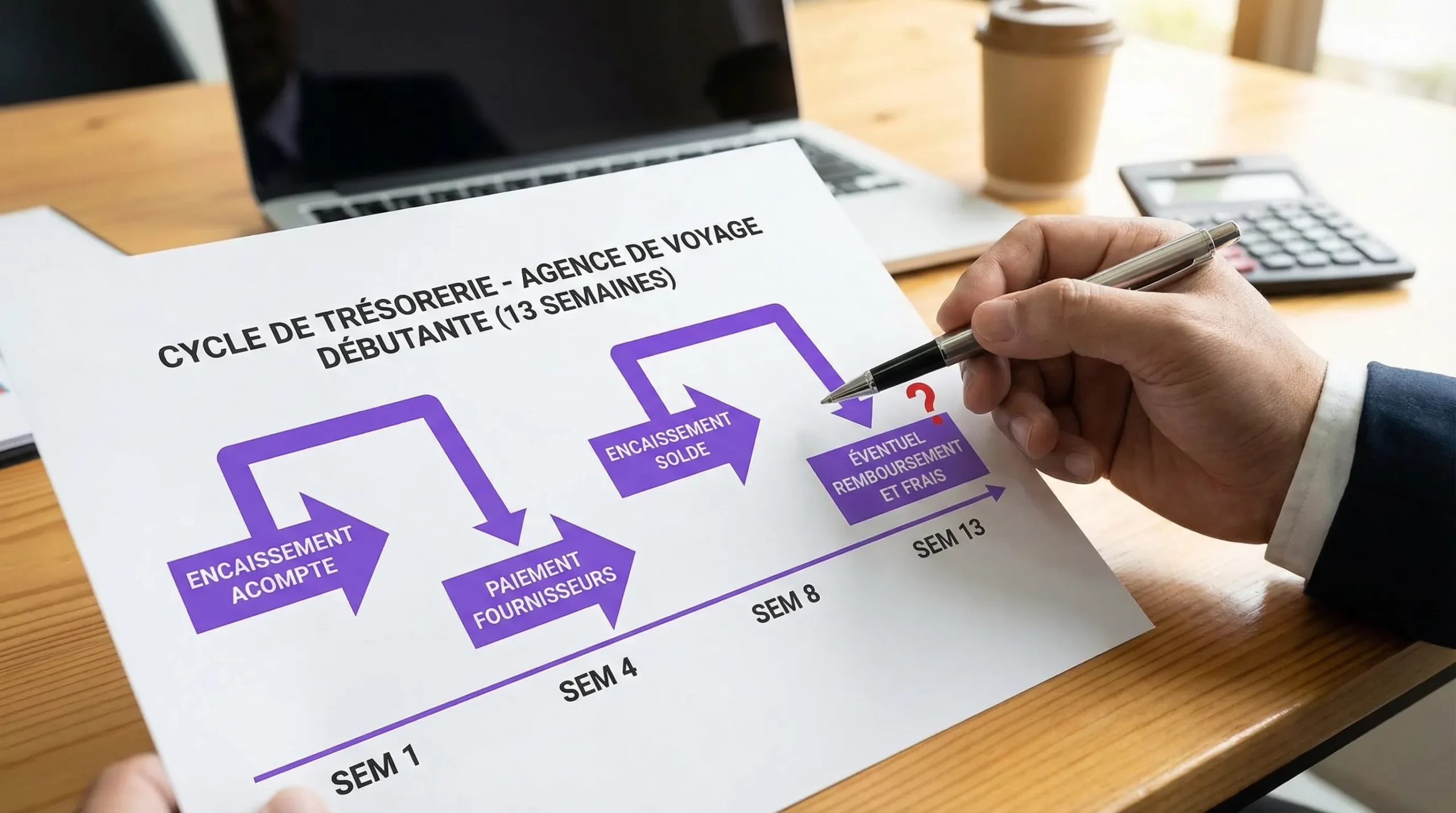 Schéma simple du cycle de trésorerie d’une agence de voyage débutante sur 13 semaines, montrant encaissement acompte, paiement fournisseurs, encaissement solde, puis éventuel remboursement et frais, avec flèches et dates.