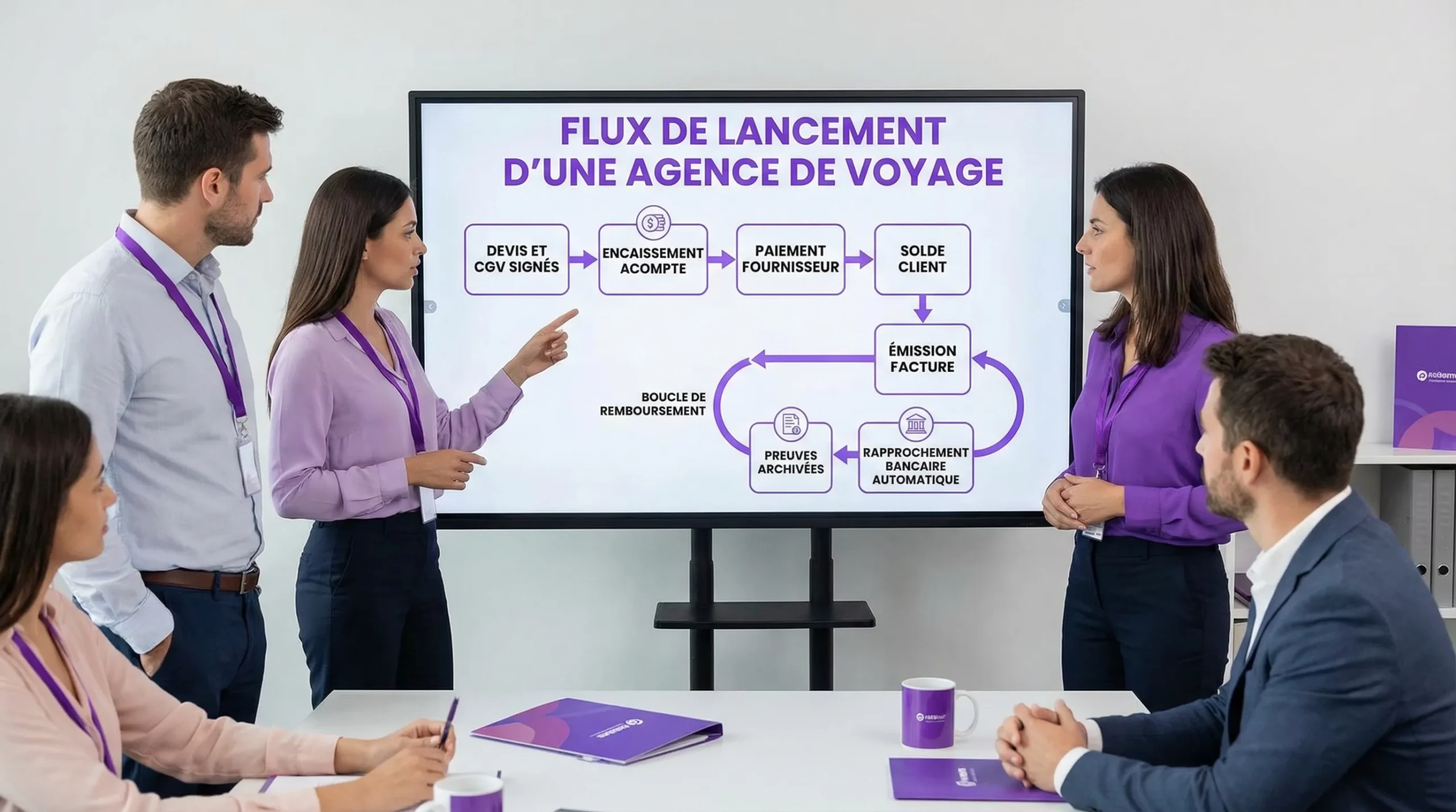 Schéma simple du flux de lancement d’une agence de voyage: devis et CGV signés, encaissement acompte, paiement fournisseur, solde client, émission facture, puis boucle de remboursement avec preuves archivées et rapprochement bancaire automatique.