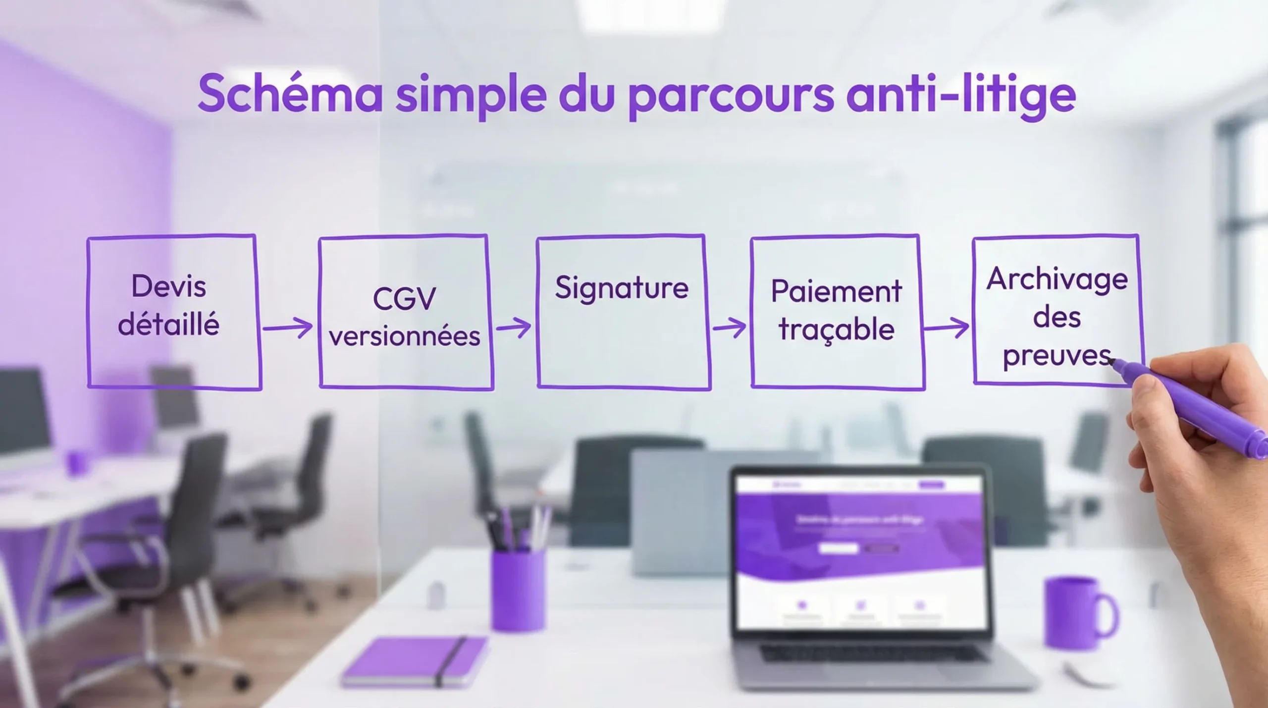 Schéma simple du parcours anti-litige: “Devis détaillé” -> “CGV versionnées” -> “Signature” -> “Paiement traçable” -> “Archivage des preuves”. »></p>
                        </div>
                    </div>

                    <div class=
