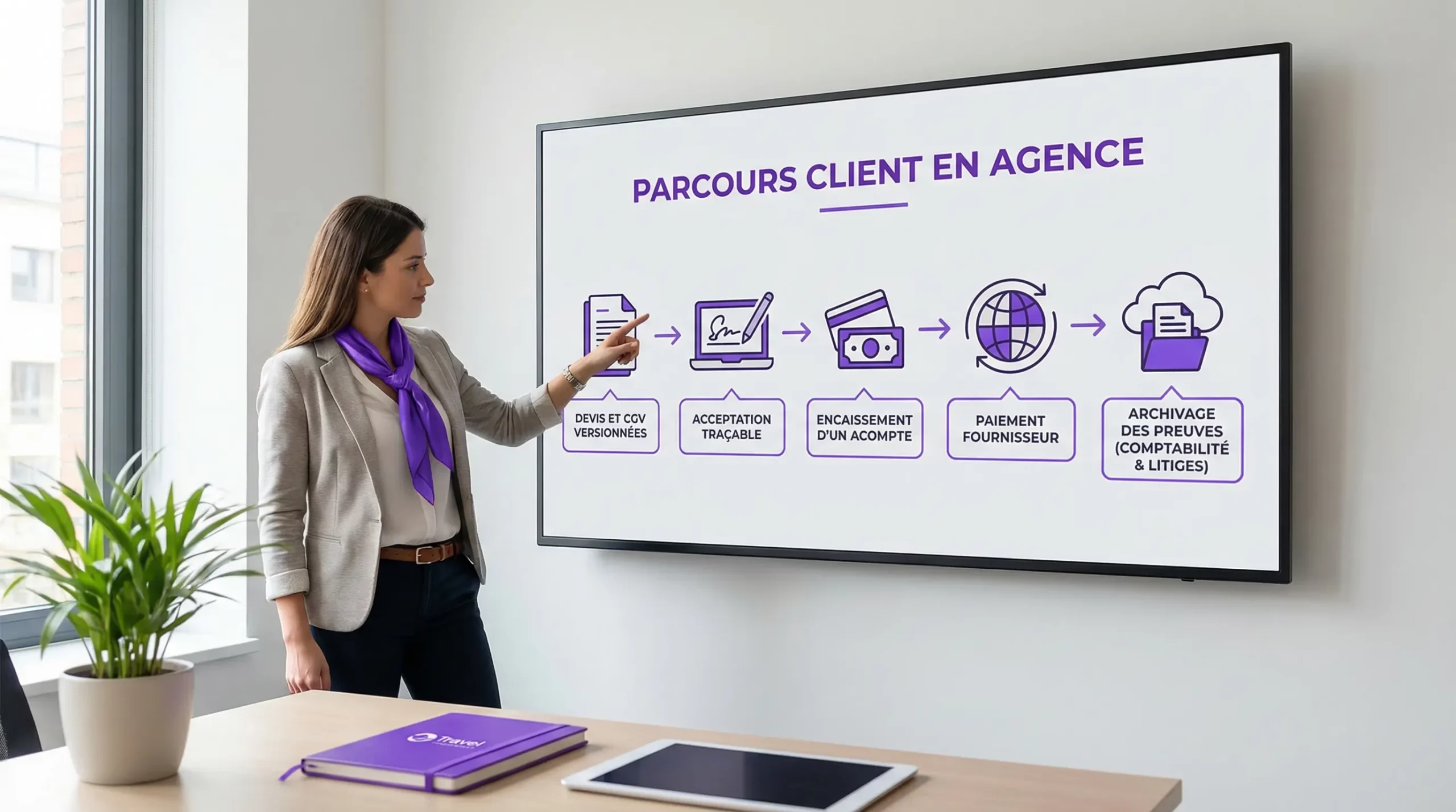 Schéma simple du parcours client en agence de voyage: devis et CGV versionnées, acceptation traçable, encaissement d’un acompte, paiement fournisseur, puis archivage des preuves pour la comptabilité et les litiges.