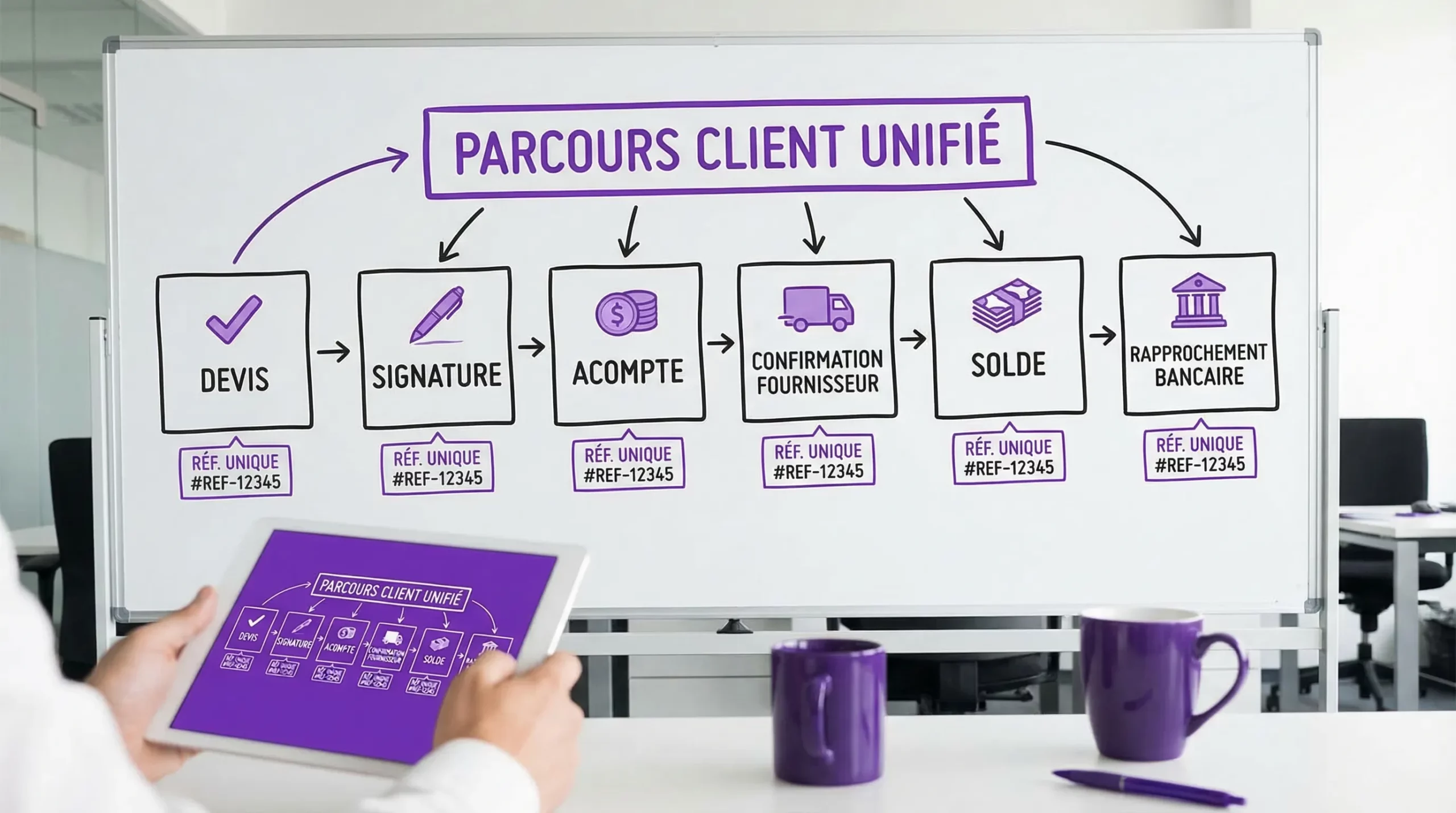 Schéma simple du parcours devis, signature, acompte, confirmation fournisseur, solde et rapprochement bancaire, avec une référence de dossier unique utilisée à chaque étape.