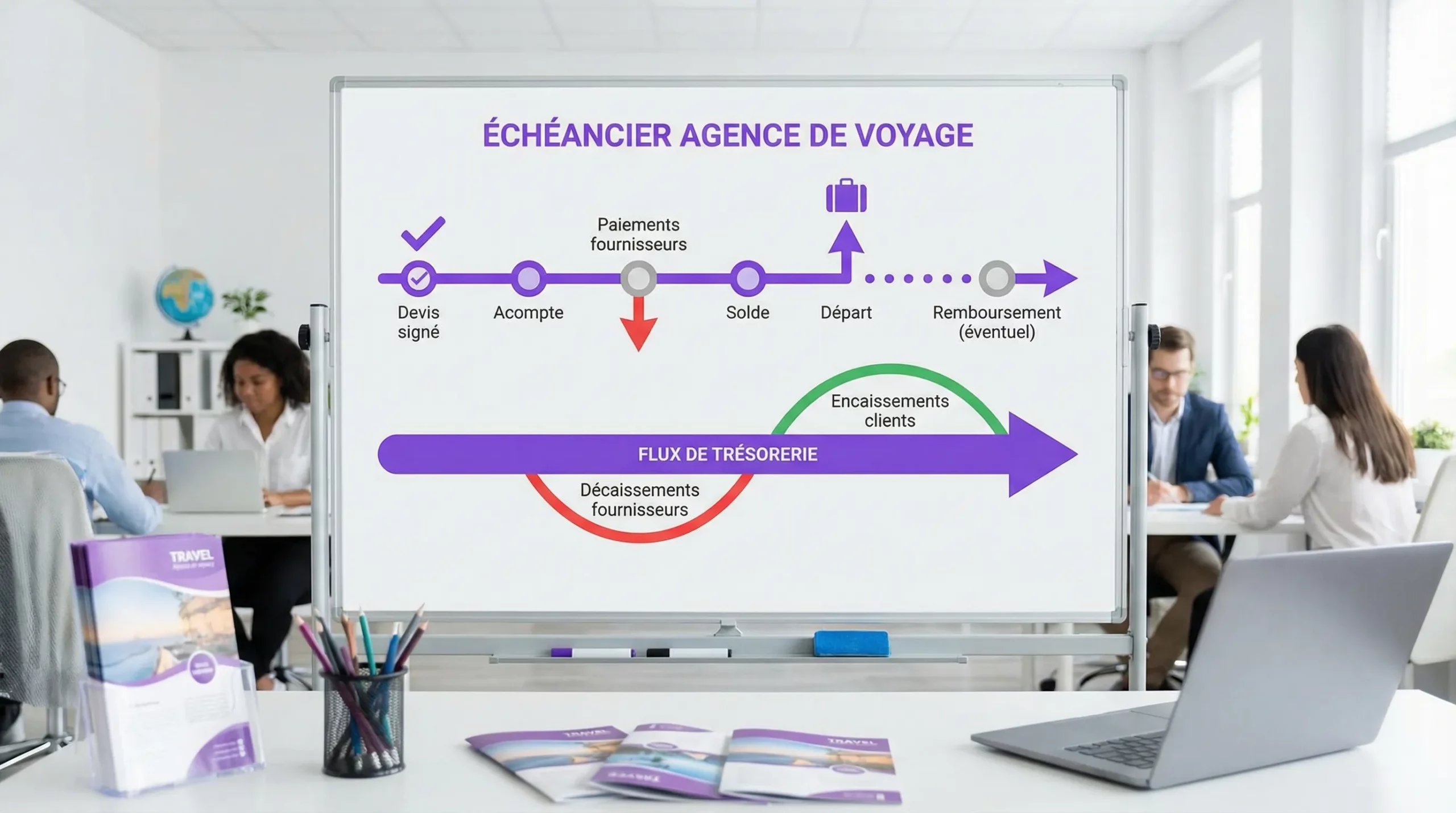 Schéma simple d’un échéancier d’agence de voyage, montrant les jalons Devis signé, Acompte, Paiements fournisseurs, Solde, Départ, puis éventuel Remboursement, avec une flèche de trésorerie indiquant le décalage entre encaissements clients et décaissements fournisseurs.