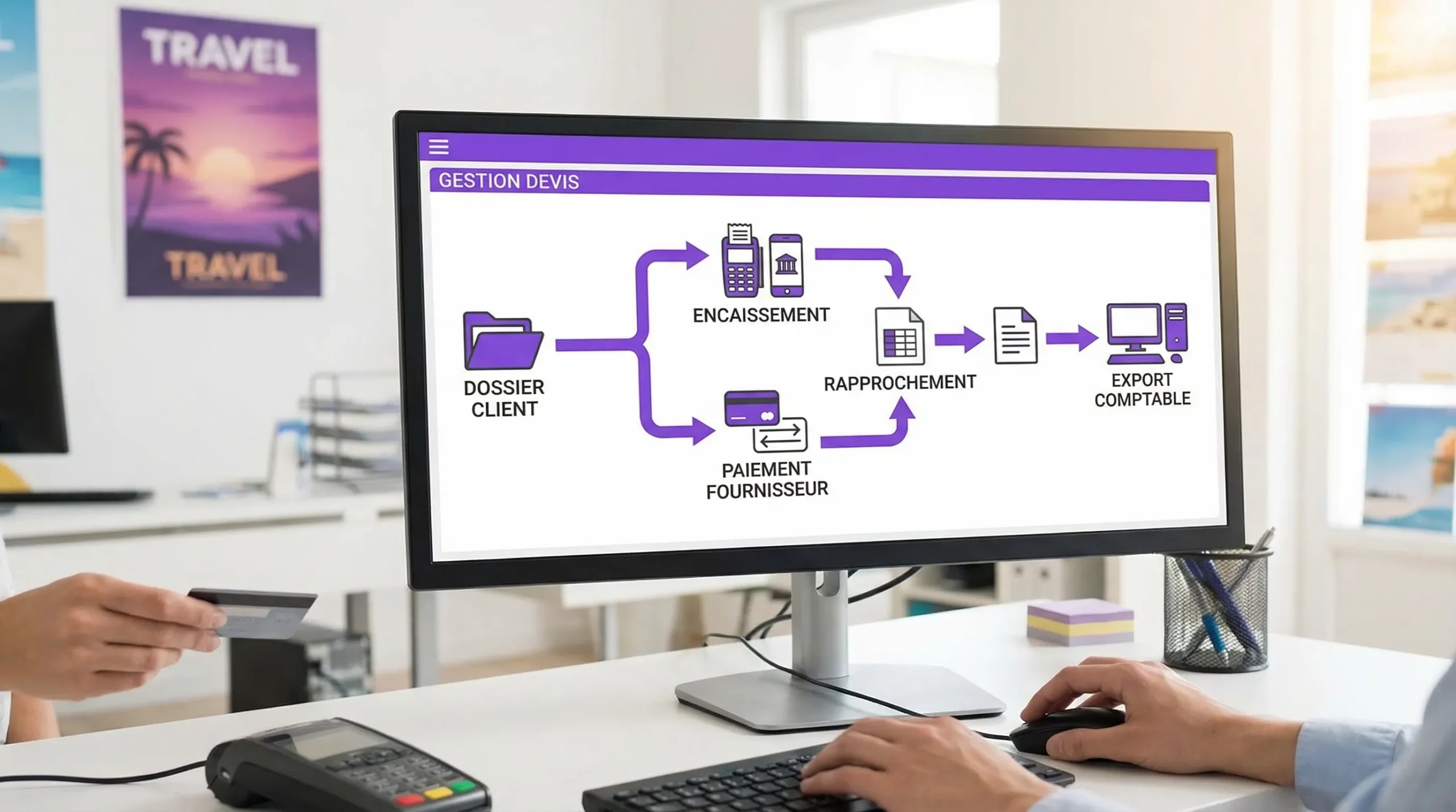 Schéma simple d’un flux agence de voyages: devis et dossier dans le logiciel métier, encaissement client (carte, virement) et paiement fournisseur (carte virtuelle, virement) dans une plateforme de paiement, puis rapprochement bancaire et export comptable vers l’expert-comptable.