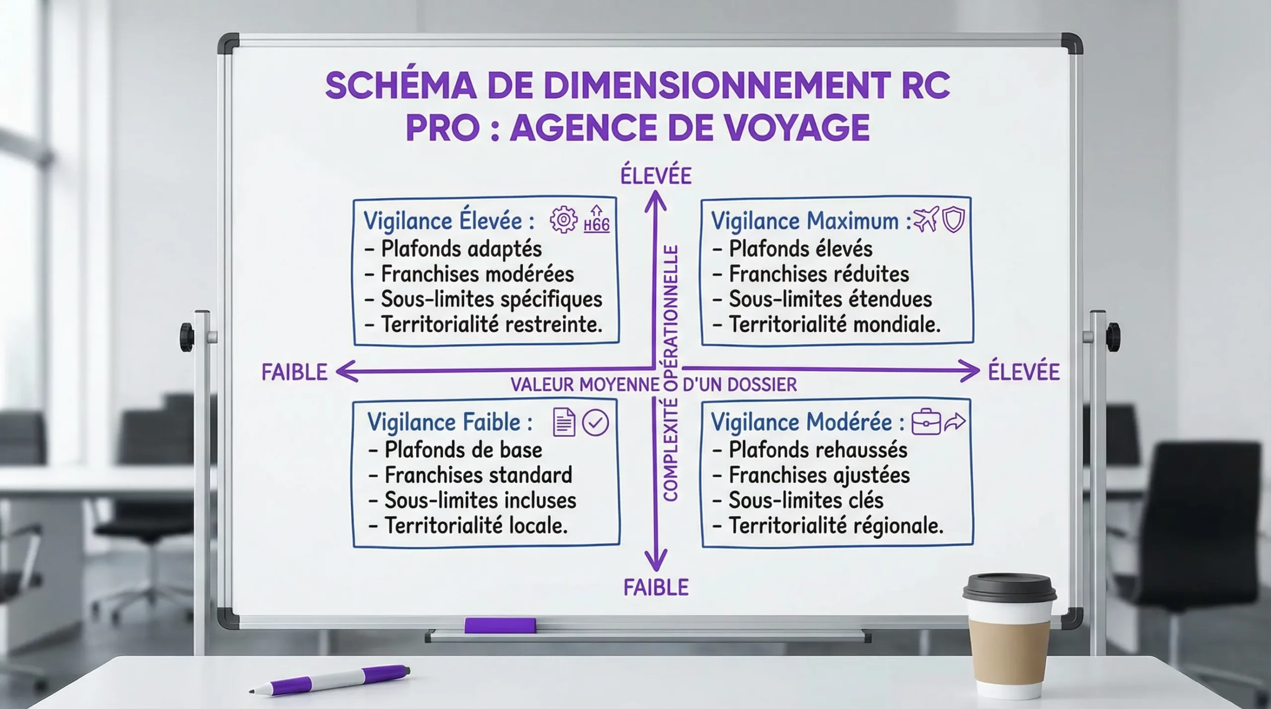 Schéma simple d’une matrice de dimensionnement RC Pro pour une agence de voyage, avec quatre cases basées sur deux axes: valeur moyenne d’un dossier (faible à élevée) et complexité opérationnelle (faible à élevée). Chaque case suggère un niveau de vigilance plus ou moins élevé sur les plafonds, franchises, sous-limites immatérielles et territorialité.