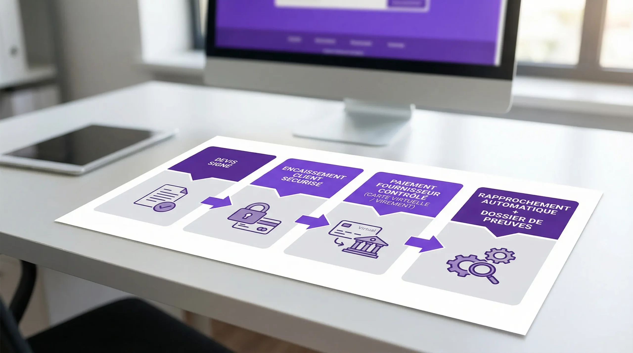 Schéma simple en 4 blocs montrant le flux “Devis signé” → “Encaissement client sécurisé” → “Paiement fournisseur contrôlé (carte virtuelle / virement)” → “Rapprochement automatique + dossier de preuves”.