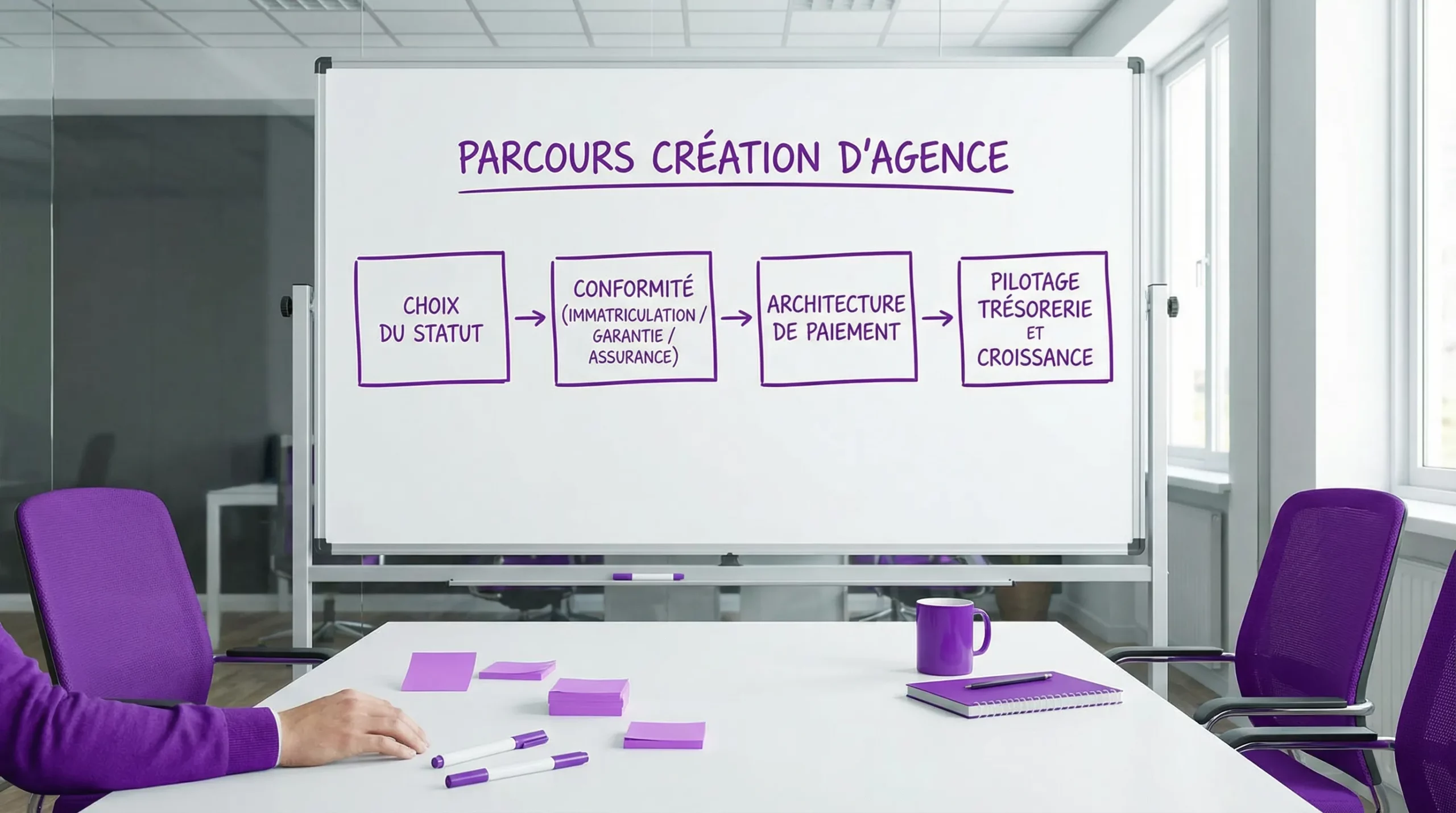 Schéma simple en 4 blocs montrant le parcours création d’agence: choix du statut, conformité (immatriculation/garantie/assurance), architecture de paiement, puis pilotage trésorerie et croissance. Chaque bloc contient 1 à 2 mots-clés.