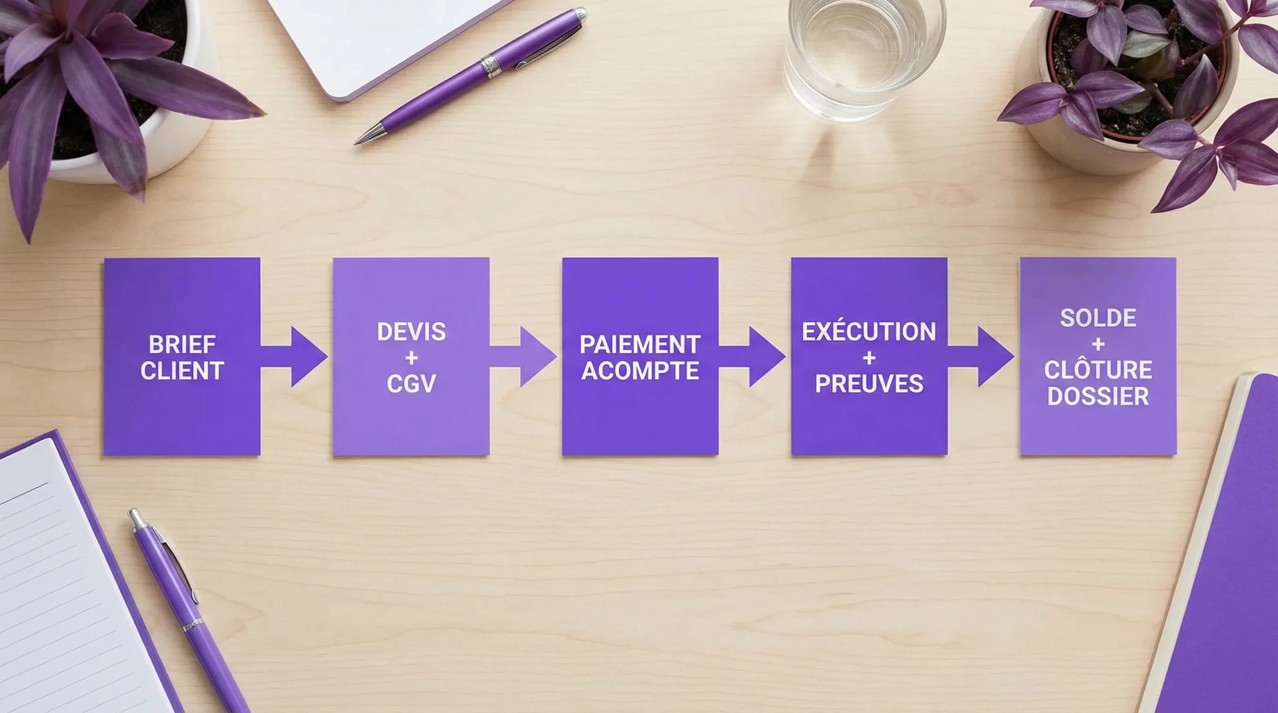 Schéma simple en 5 étapes montrant le flux “Brief client → Devis + CGV → Paiement acompte → Exécution + preuves → Solde + clôture dossier”.