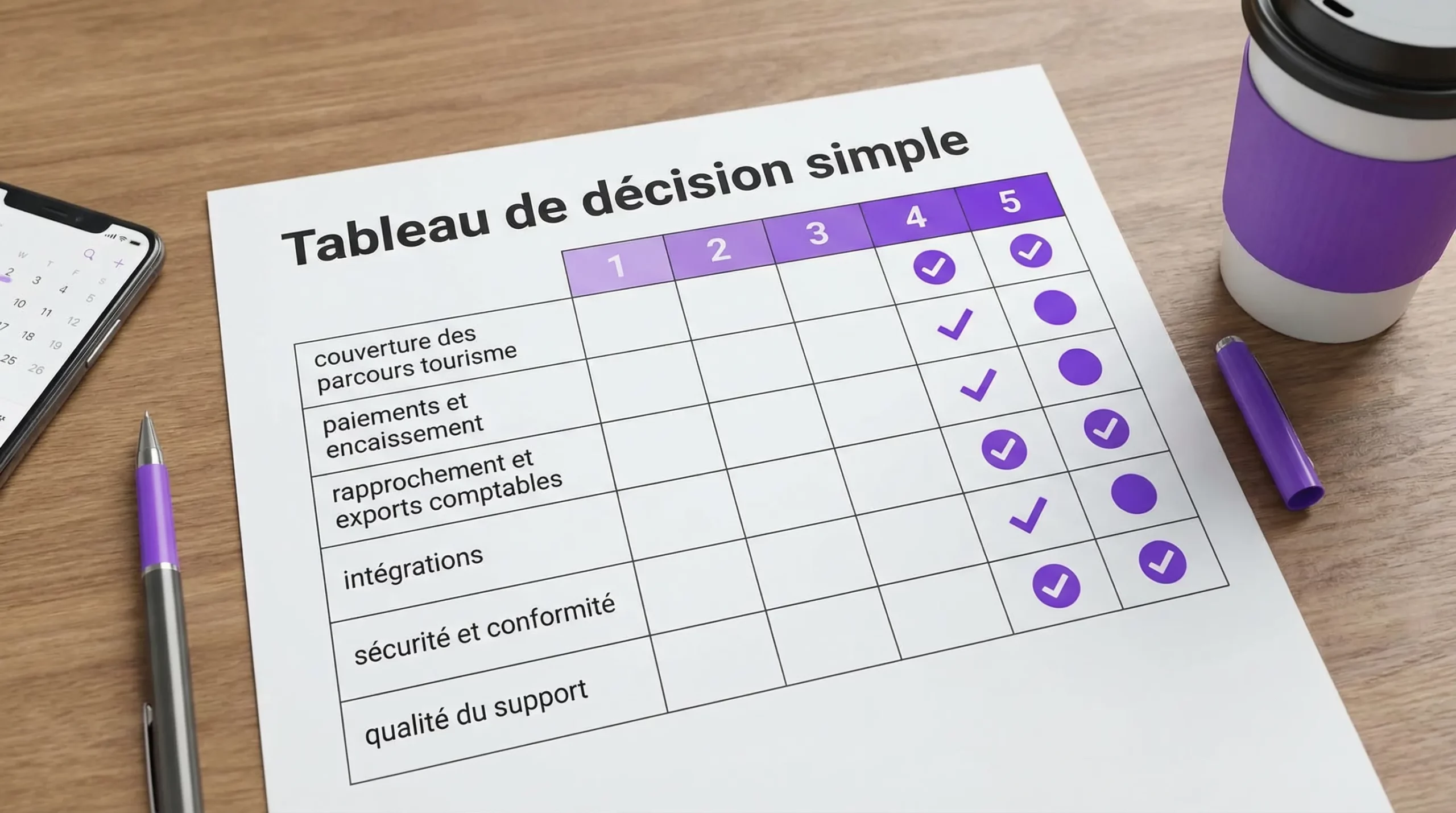 Tableau de décision simple avec 6 critères notés de 1 à 5: couverture des parcours tourisme, paiements et encaissement, rapprochement et exports comptables, intégrations, sécurité et conformité, qualité du support.