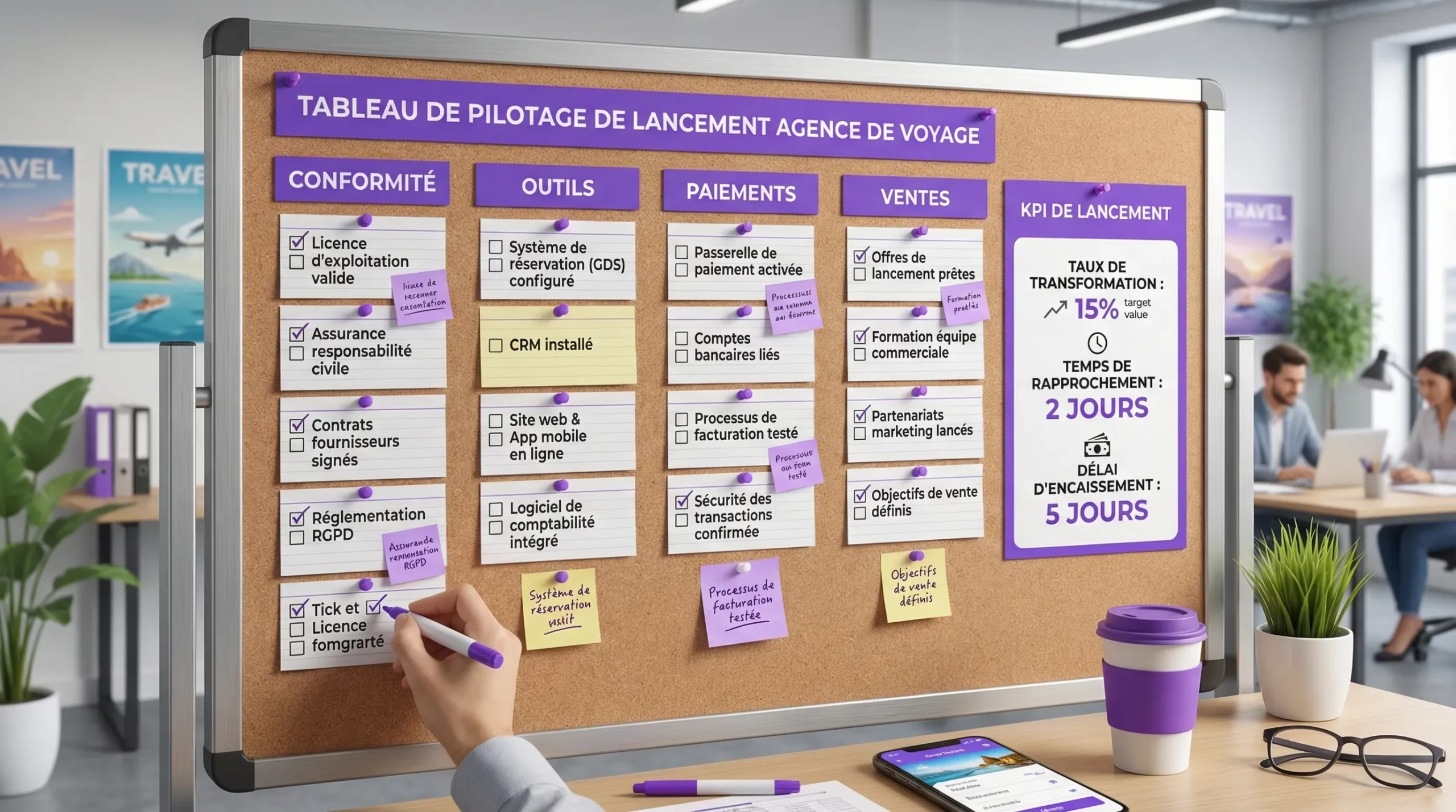 Tableau de pilotage de lancement pour agence de voyage avec quatre colonnes “Conformité, Outils, Paiements, Ventes” et des statuts à cocher, plus un encart KPI (taux de transformation, temps de rapprochement, délai d’encaissement).