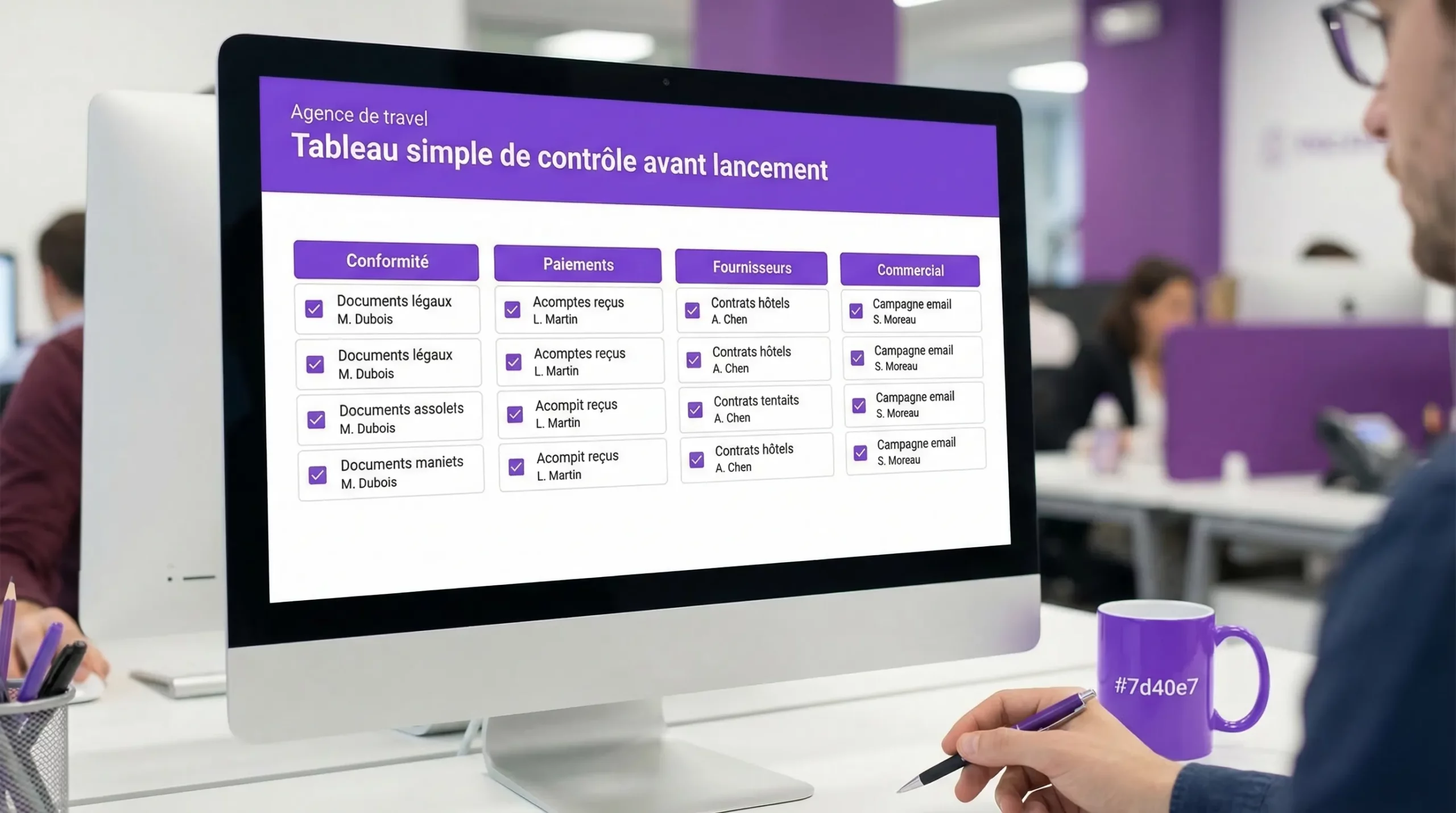 Tableau simple de contrôle avant lancement pour une agence de voyages: colonnes Conformité, Paiements, Fournisseurs, Commercial, avec cases cochées et responsables.