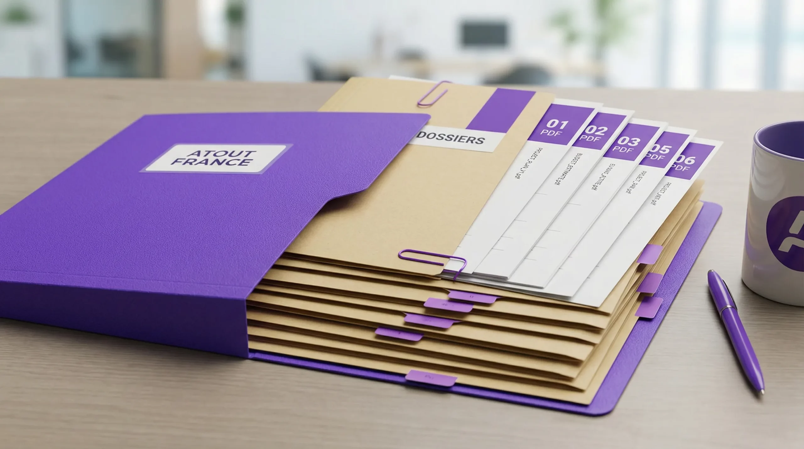 Une arborescence de dossiers “Atout France” sur un fond neutre, avec 5 fichiers PDF nommés 01 à 06 selon une convention simple, sans écran visible.