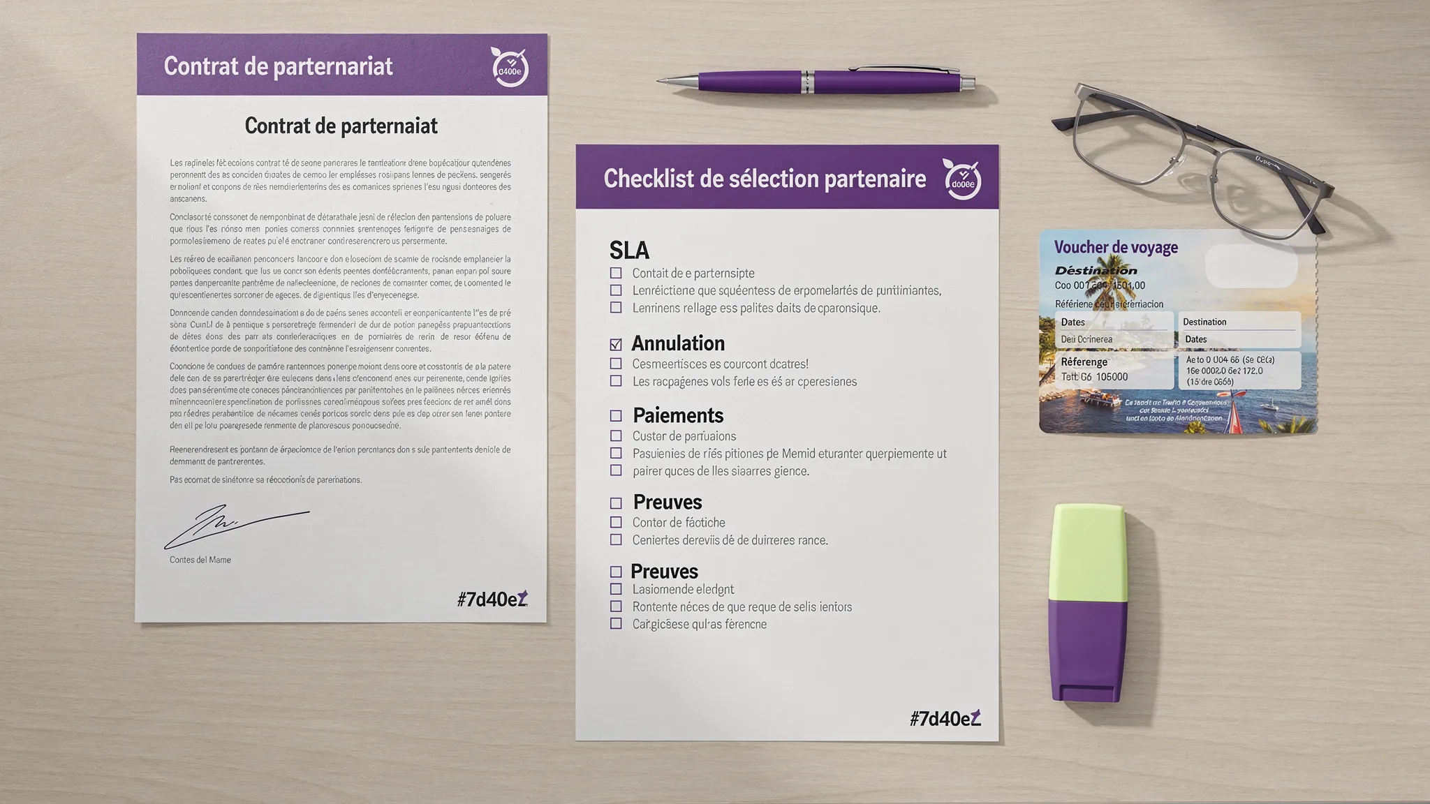 Une checklist imprimée de sélection partenaire (SLA, annulation, paiements, preuves), posée à côté d’un contrat et d’un voucher de voyage.