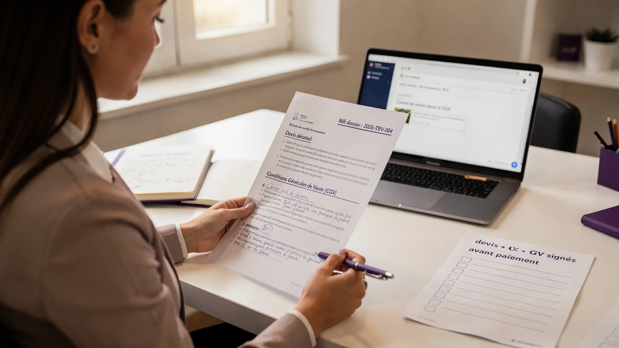 Une conseillère en agence de voyages relit un devis détaillé et des CGV, avec une référence de dossier visible, puis prépare l’envoi au client par e-mail. Sur le bureau: ordinateur portable, carnet de suivi des dossiers, et une check-list “devis + CGV signés avant paiement”.