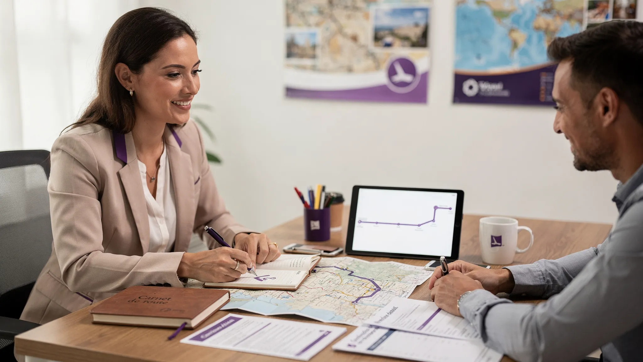 Une conseillère voyage échange avec un réceptif local autour d’un carnet de route, avec cartes, itinéraires et documents de réservation posés sur une table.