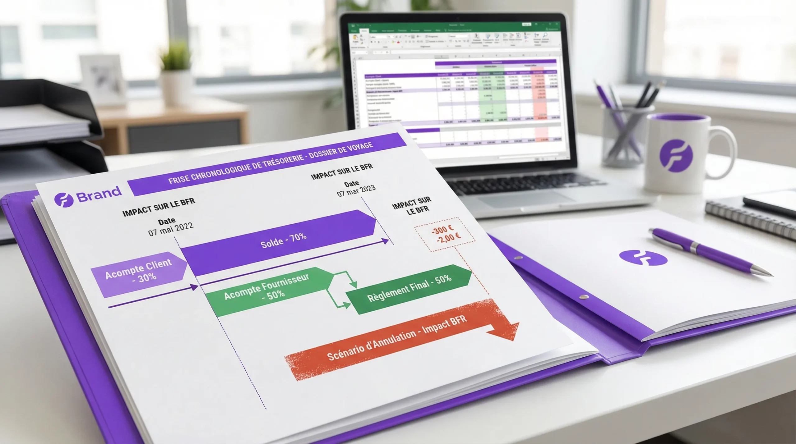 Une frise chronologique de trésorerie sur un dossier de voyage montrant acompte client, solde, acompte fournisseur, règlement final et scénario d’annulation, avec impact sur le BFR.