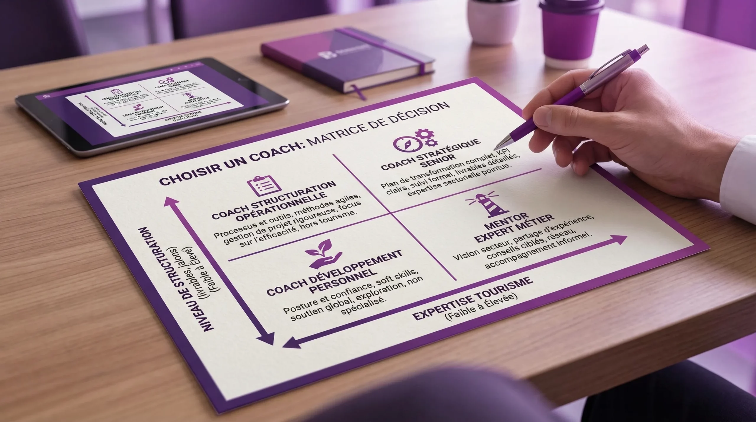 Une matrice de décision simple pour choisir un coach: axes “expertise tourisme” et “niveau de structuration (livrables, jalons)”, avec quatre quadrants et des exemples de profils d’accompagnement.