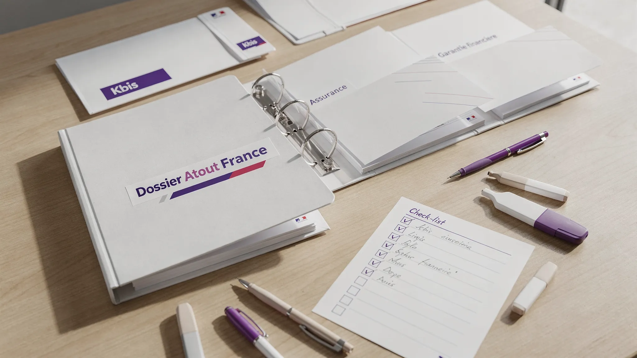 Une table de travail avec un classeur “Dossier Atout France”, des pochettes de documents (Kbis, assurance, garantie financière), et une check-list papier cochée, sans écran visible.