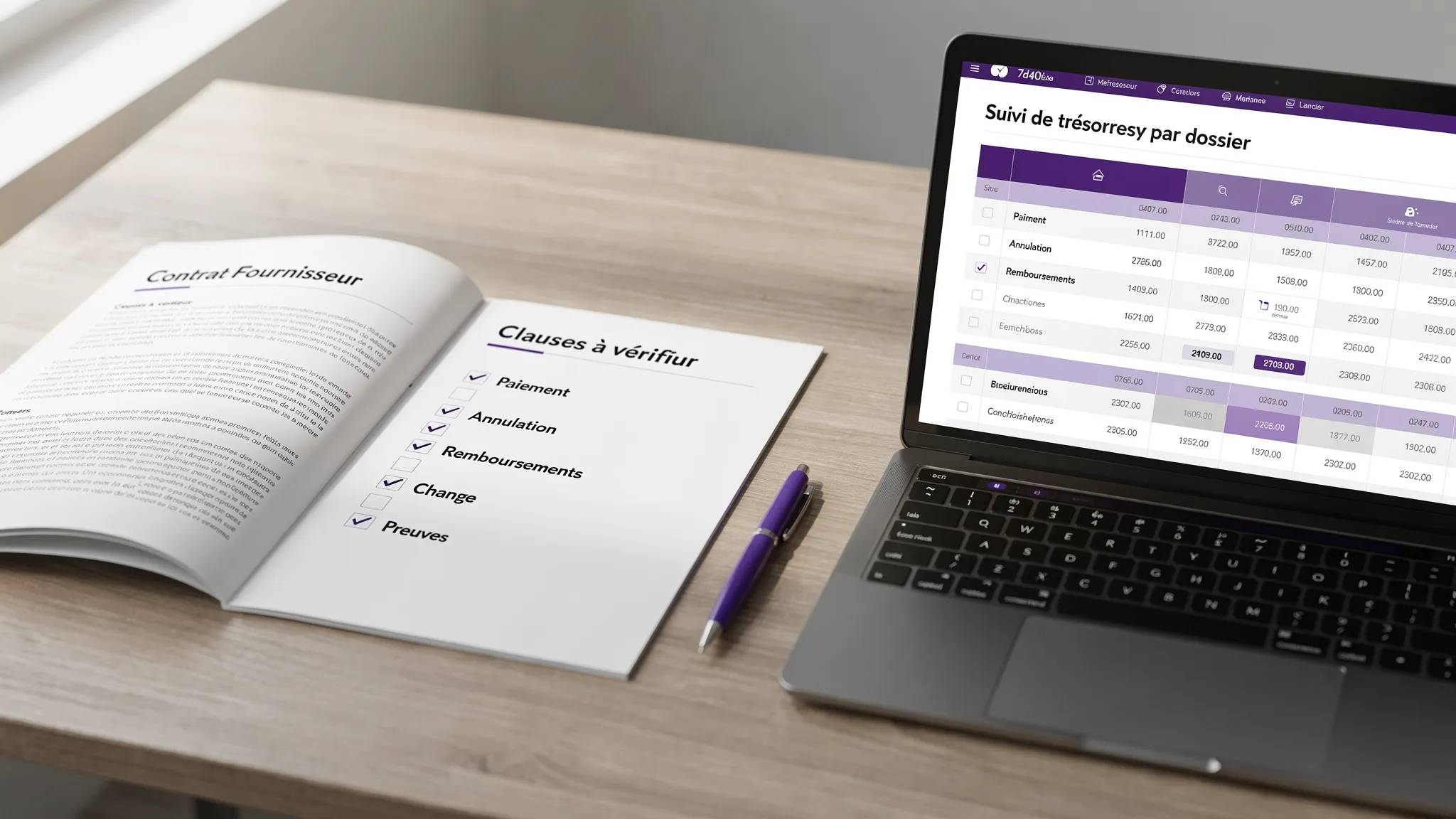 Une table de travail avec un contrat fournisseur ouvert, une checklist de clauses à cocher (paiement, annulation, remboursements, change, preuves), et un ordinateur portable affichant un tableau de suivi de trésorerie par dossier.