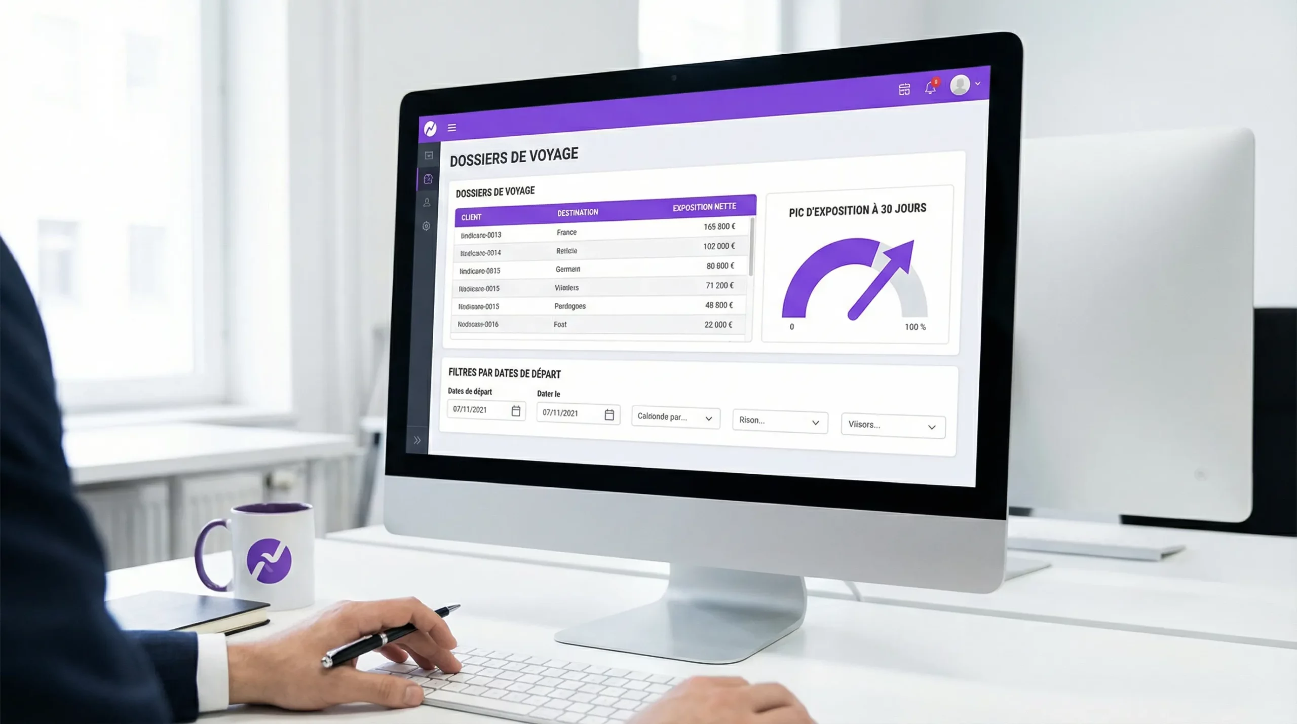 Vue conceptuelle d’un tableau de bord finance pour agence de voyage, montrant une liste de dossiers avec leur exposition nette, des filtres par dates de départ et un indicateur de pic d’exposition à 30 jours.