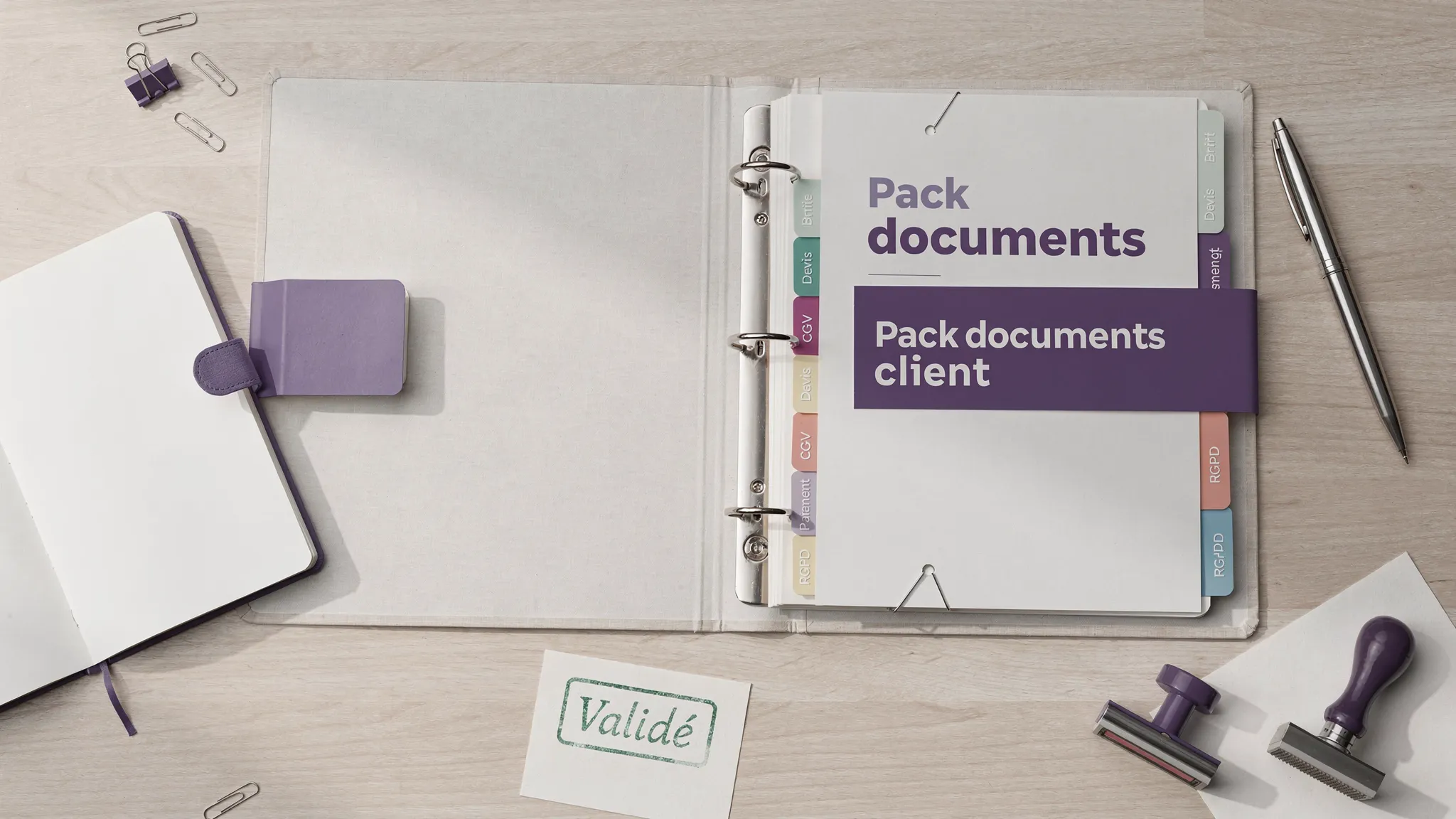 Vue de dessus d’un bureau avec un classeur intitulé “Pack documents client”, des intercalaires (Brief, Devis, CGV, Paiements, RGPD, Preuves), un carnet de notes et un tampon “Validé”.