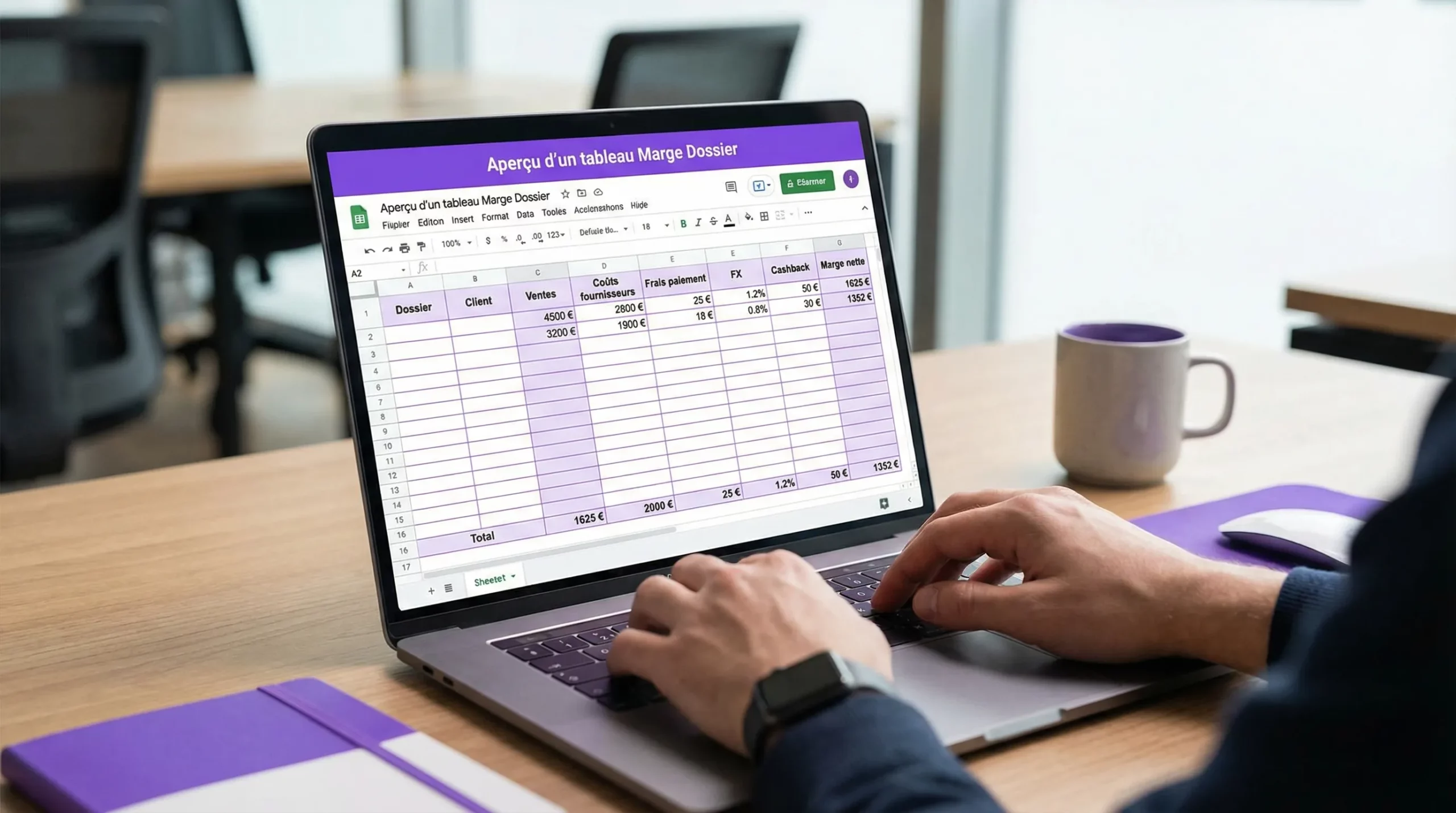 Aperçu d’un tableau Google Sheets “marge dossier” avec colonnes Dossier, Client, Ventes, Coûts fournisseurs, Frais paiement, FX, Cashback, Marge nette et un total en bas.