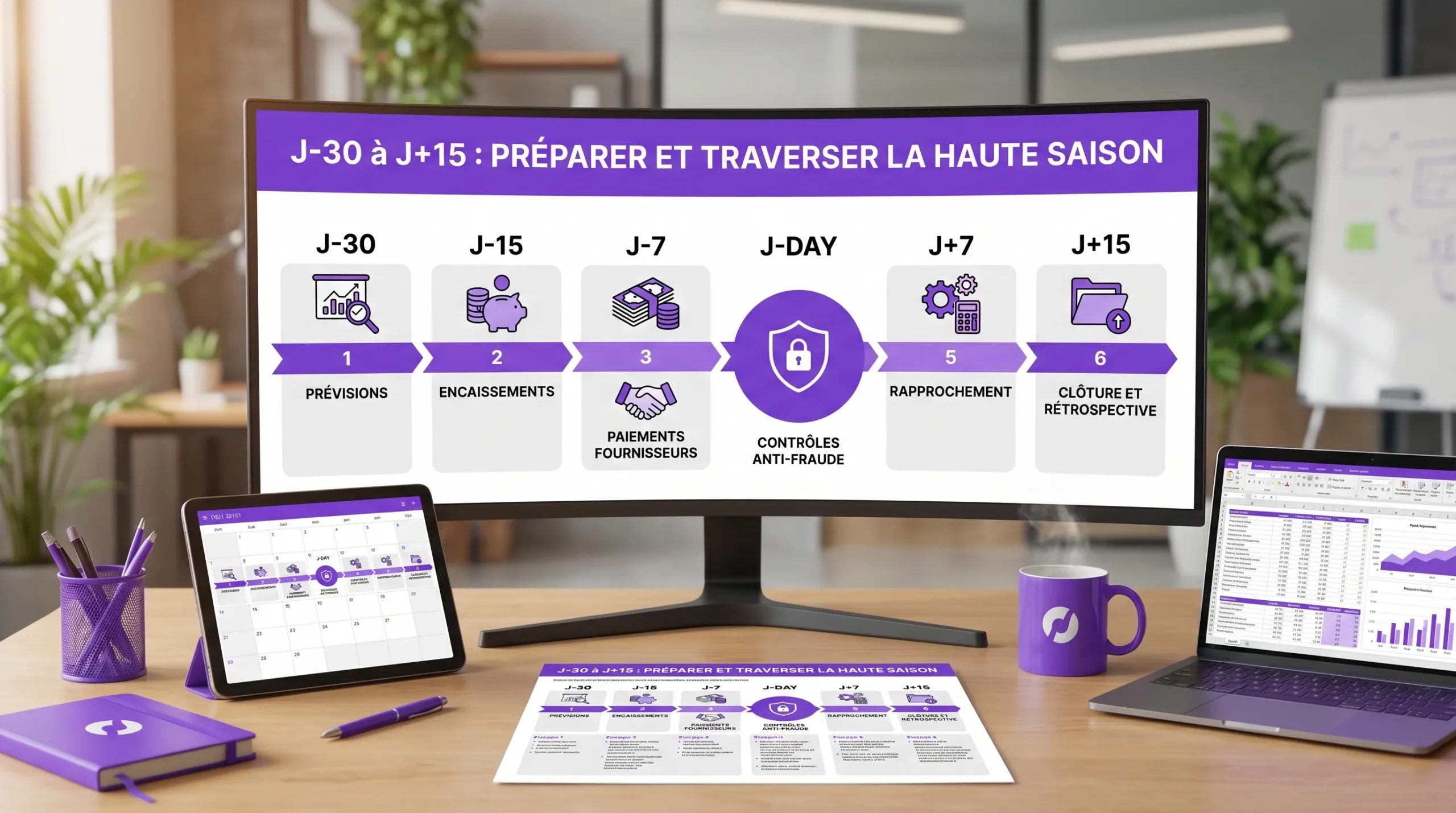 Frise chronologique en 6 étapes “J-30 à J+15” pour préparer et traverser la haute saison: prévisions, encaissements, paiements fournisseurs, contrôles anti-fraude, rapprochement, clôture et rétrospective.