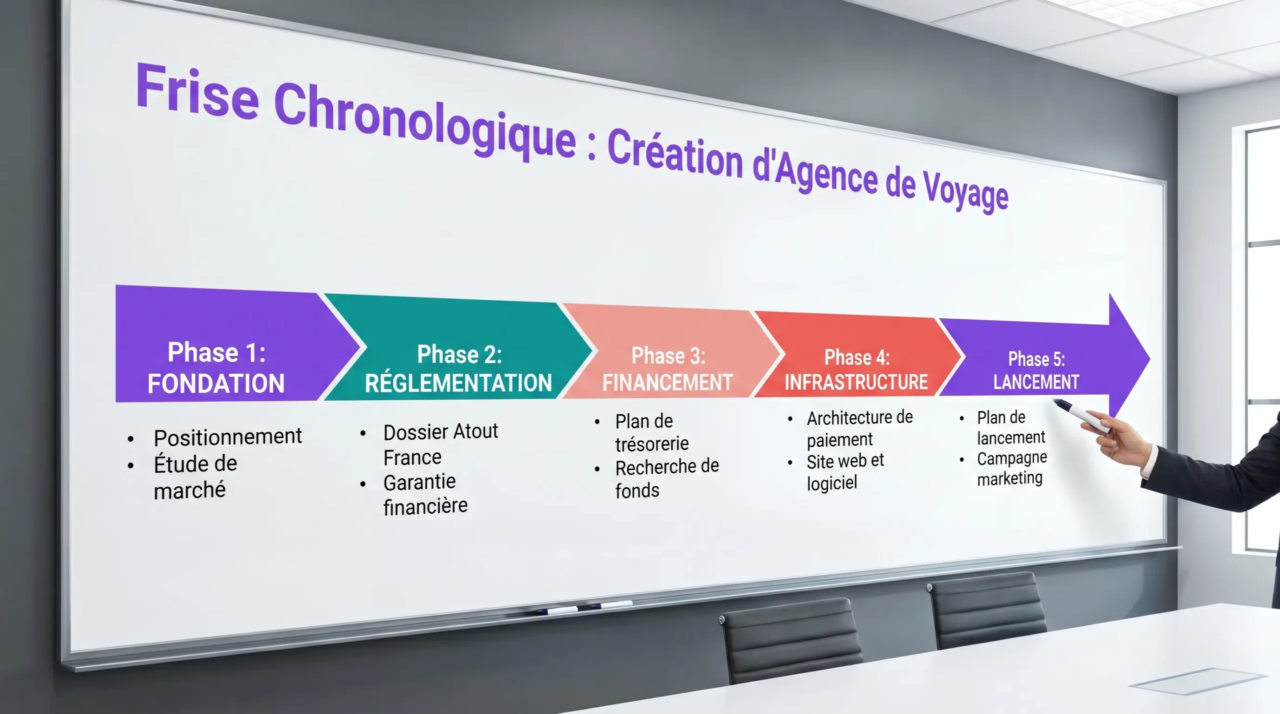 Frise chronologique simple d’un projet de création d’agence de voyage, avec 5 phases et pour chaque phase 2 à 3 livrables clés (positionnement, dossier Atout France, plan de trésorerie, architecture de paiement, plan de lancement).