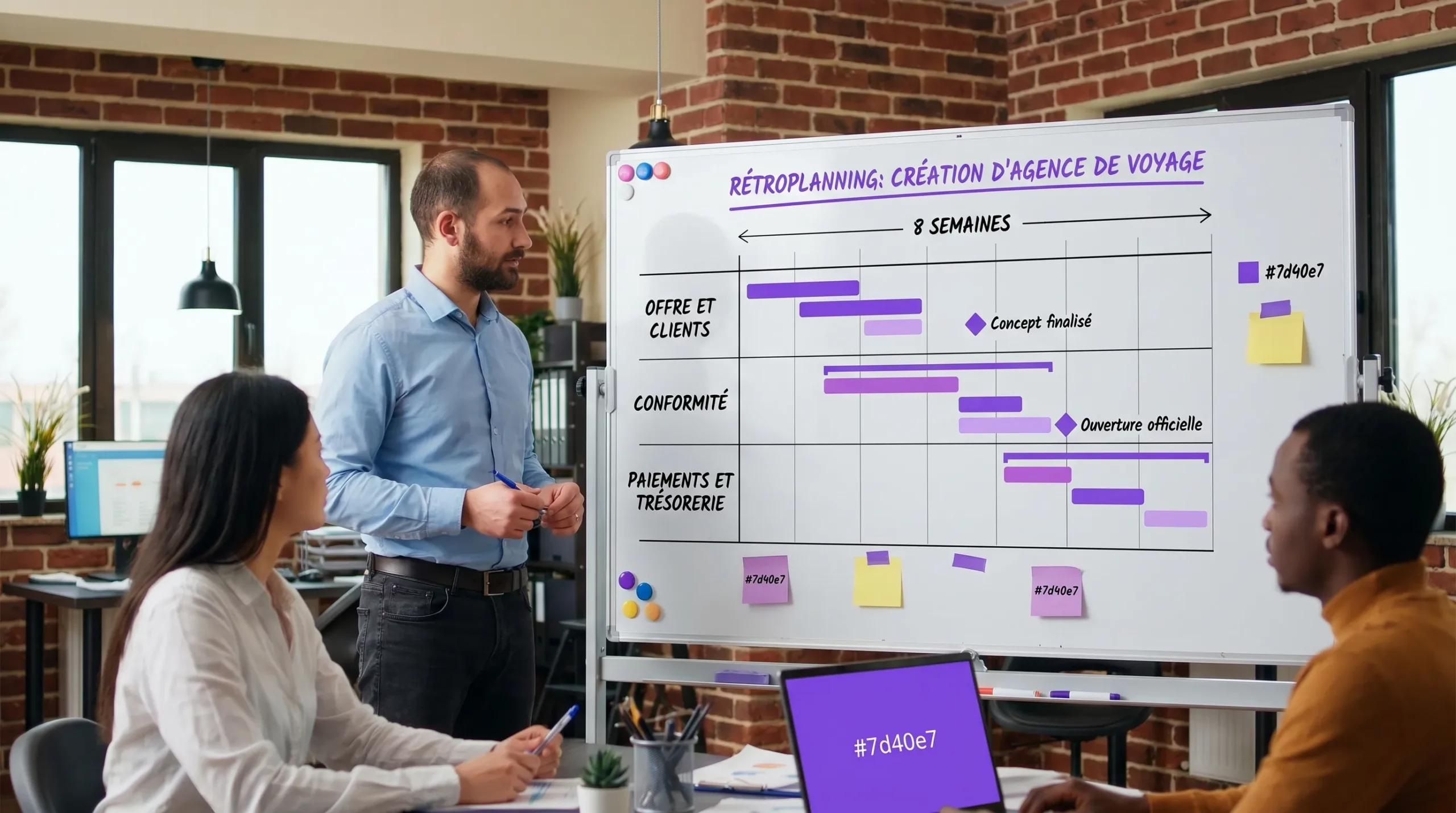 Illustration d’un rétroplanning simple de création d’agence de voyage sur 8 semaines, avec trois chantiers parallèles (offre et clients, conformité, paiements et trésorerie) et des jalons clairs.