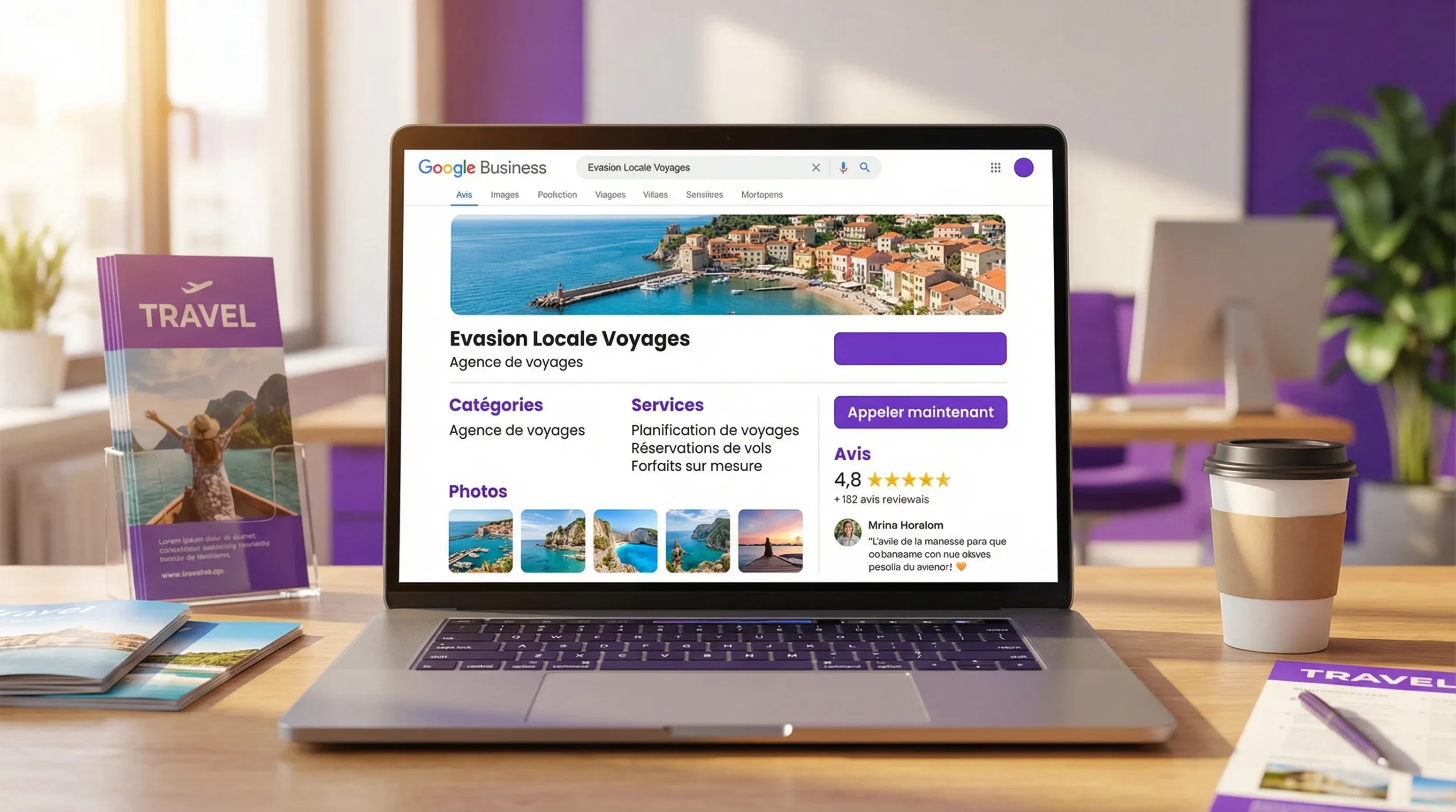 Illustration d’une fiche Google Business Profile optimisée pour une agence de voyages locale, avec catégories, services, photos, avis et bouton d’appel bien visibles.
