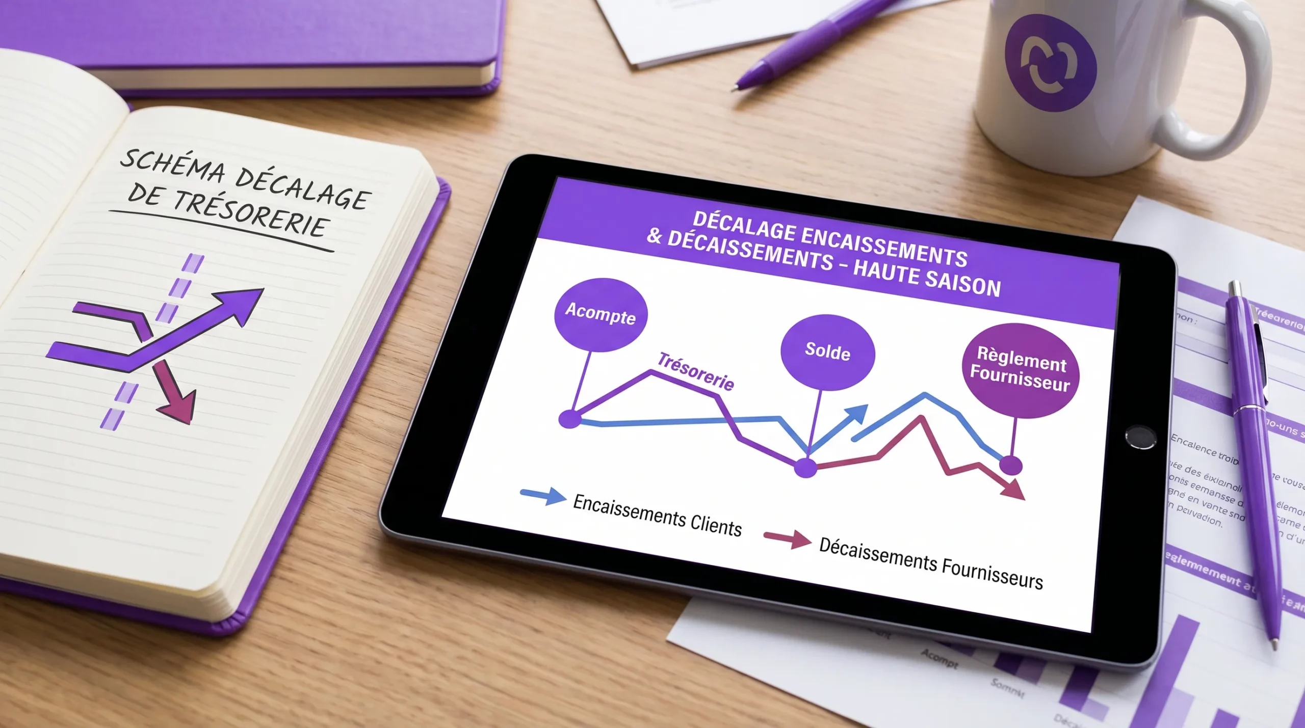 Schéma simple du décalage encaissements clients et décaissements fournisseurs pendant la haute saison, avec une courbe de trésorerie et trois points de vigilance (acompte, solde, règlement fournisseur).