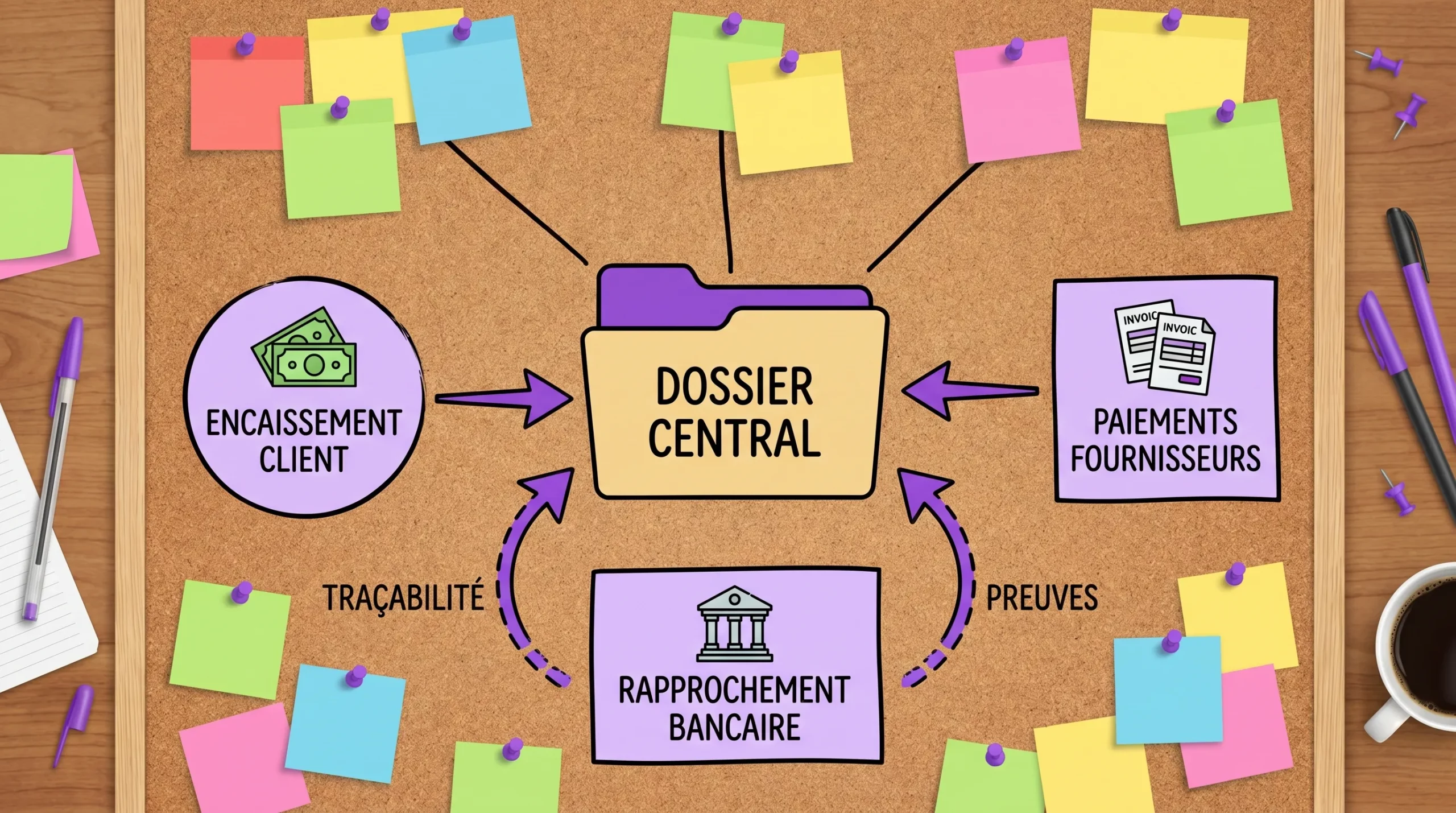 Schéma simple du flux d’argent d’une agence de voyage, avec un dossier au centre, encaissement client à gauche, paiements fournisseurs à droite, et rapprochement bancaire en bas, avec des flèches indiquant traçabilité et preuves.