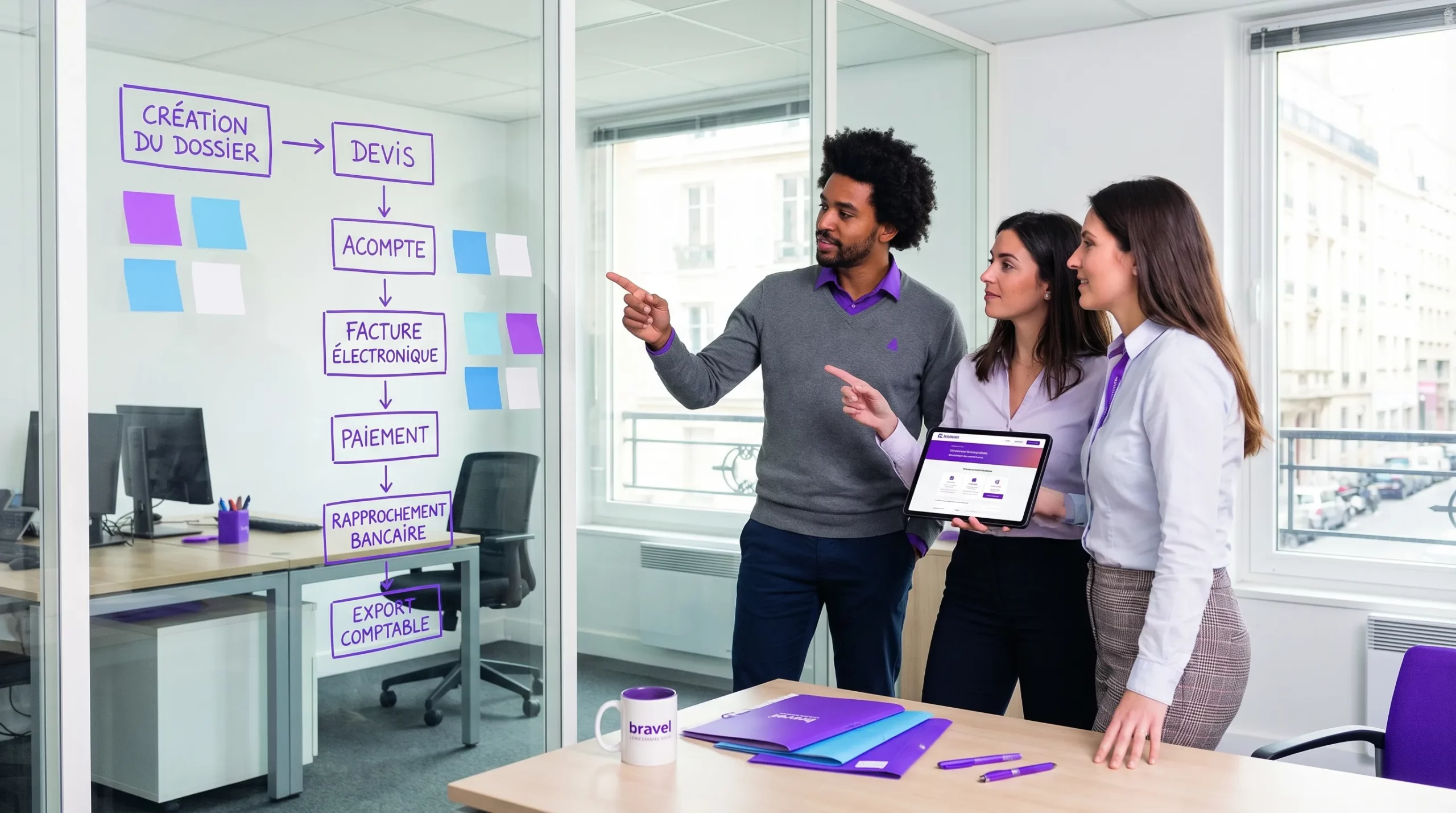 Schéma simple du flux dossier dans une agence de voyage : création du dossier, devis, acompte, facture électronique, paiement, rapprochement bancaire, export comptable.