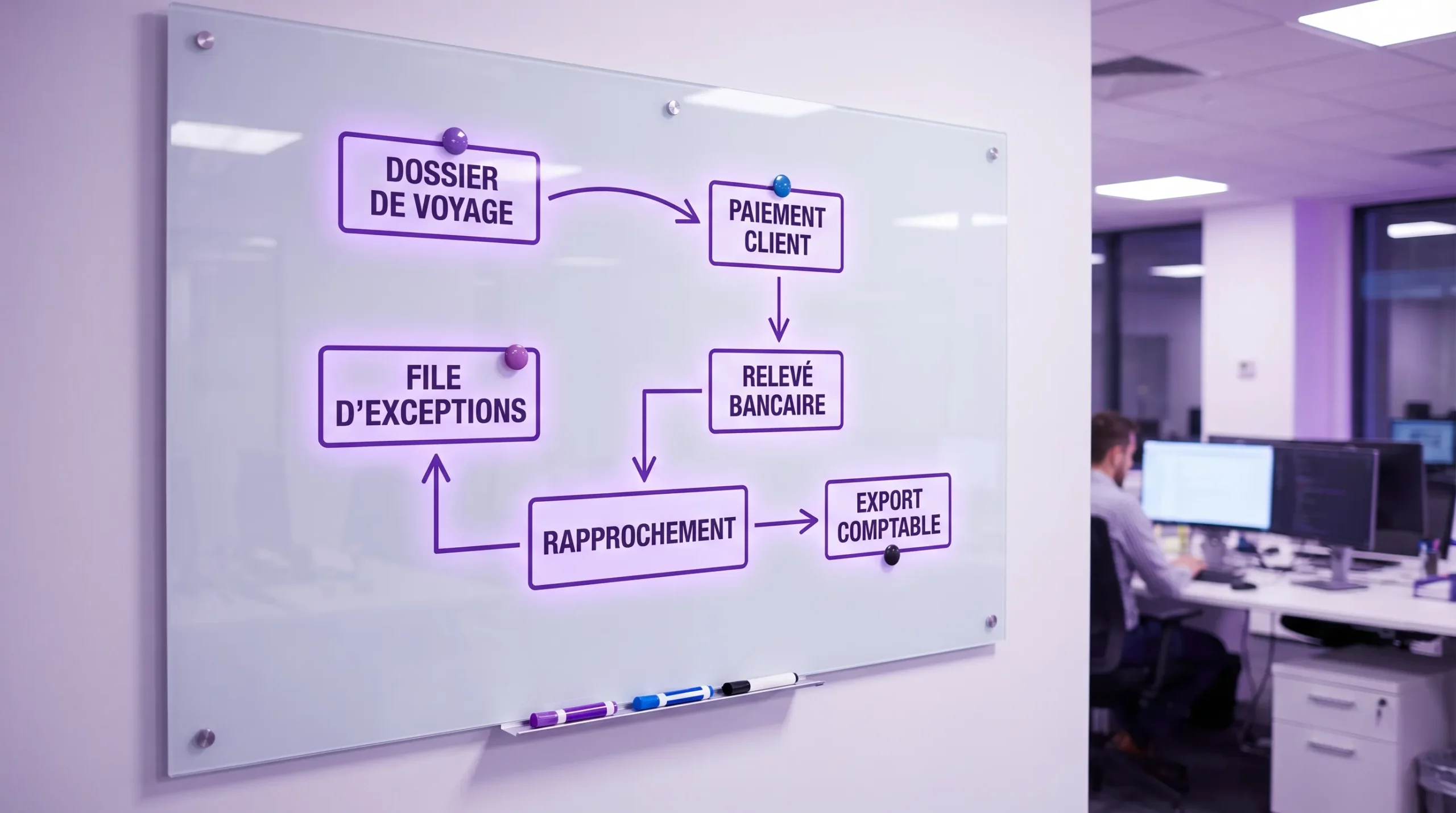 Schéma simple du flux “dossier de voyage” vers “paiement client”, puis “relevé bancaire”, puis “rapprochement”, puis “export comptable”, avec une étape “file d’exceptions” pour les mouvements non rapprochés.