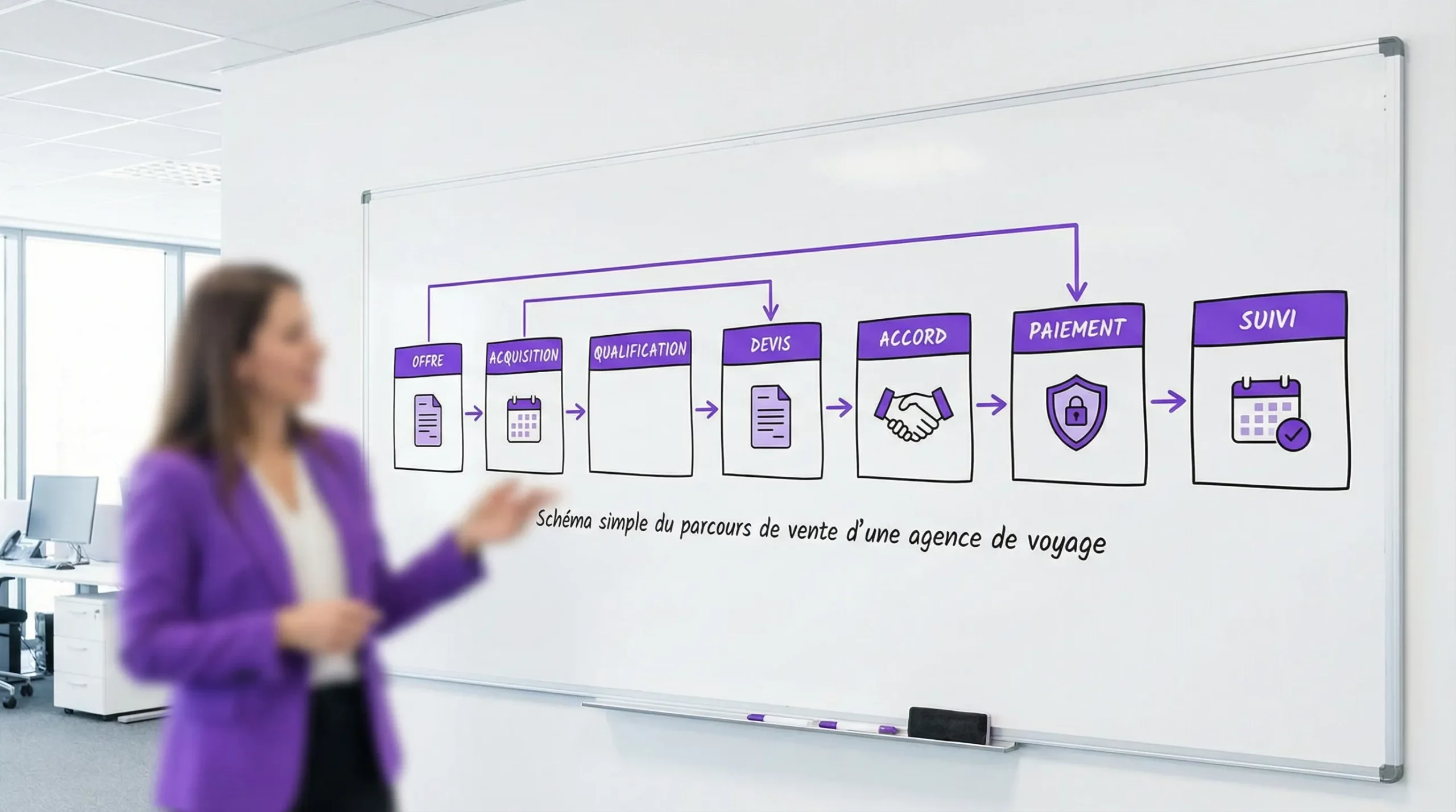 Schéma simple du parcours de vente d’une agence de voyage, montrant 7 étapes en chaîne: offre, acquisition, qualification, devis, accord, paiement, suivi, avec des icônes de documents, calendrier et bouclier sécurité.
