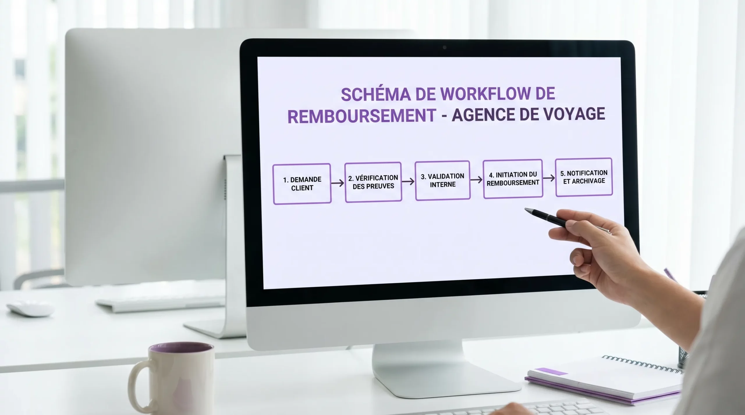 Schéma simple du workflow de remboursement d’une agence de voyage, avec 5 étapes maximum : demande client, vérification des preuves, validation interne, initiation du remboursement, notification et archivage.
