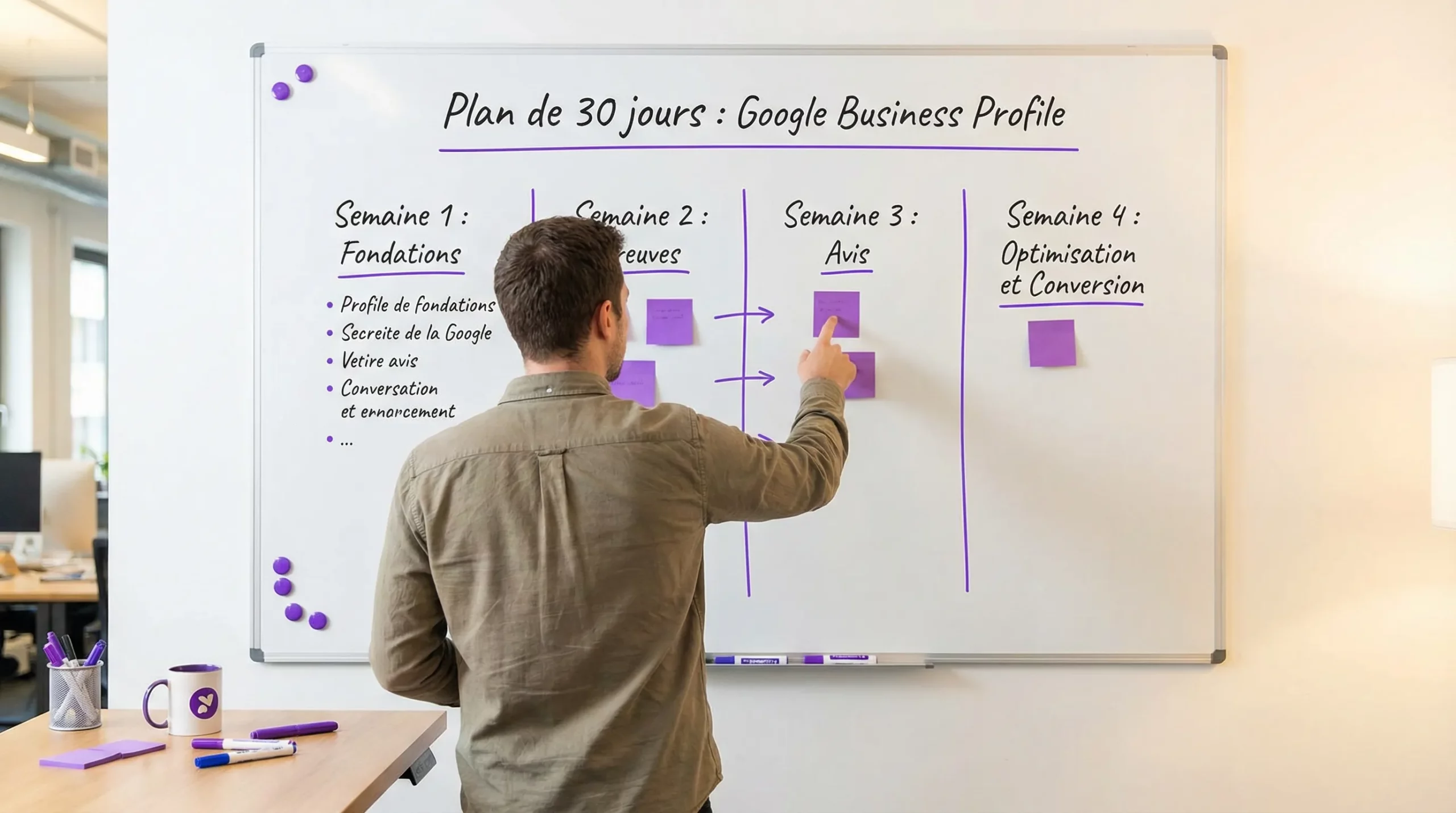 Schéma simple d’un plan sur 30 jours pour Google Business Profile: semaine 1 fondations, semaine 2 preuves, semaine 3 avis, semaine 4 optimisation et conversion.