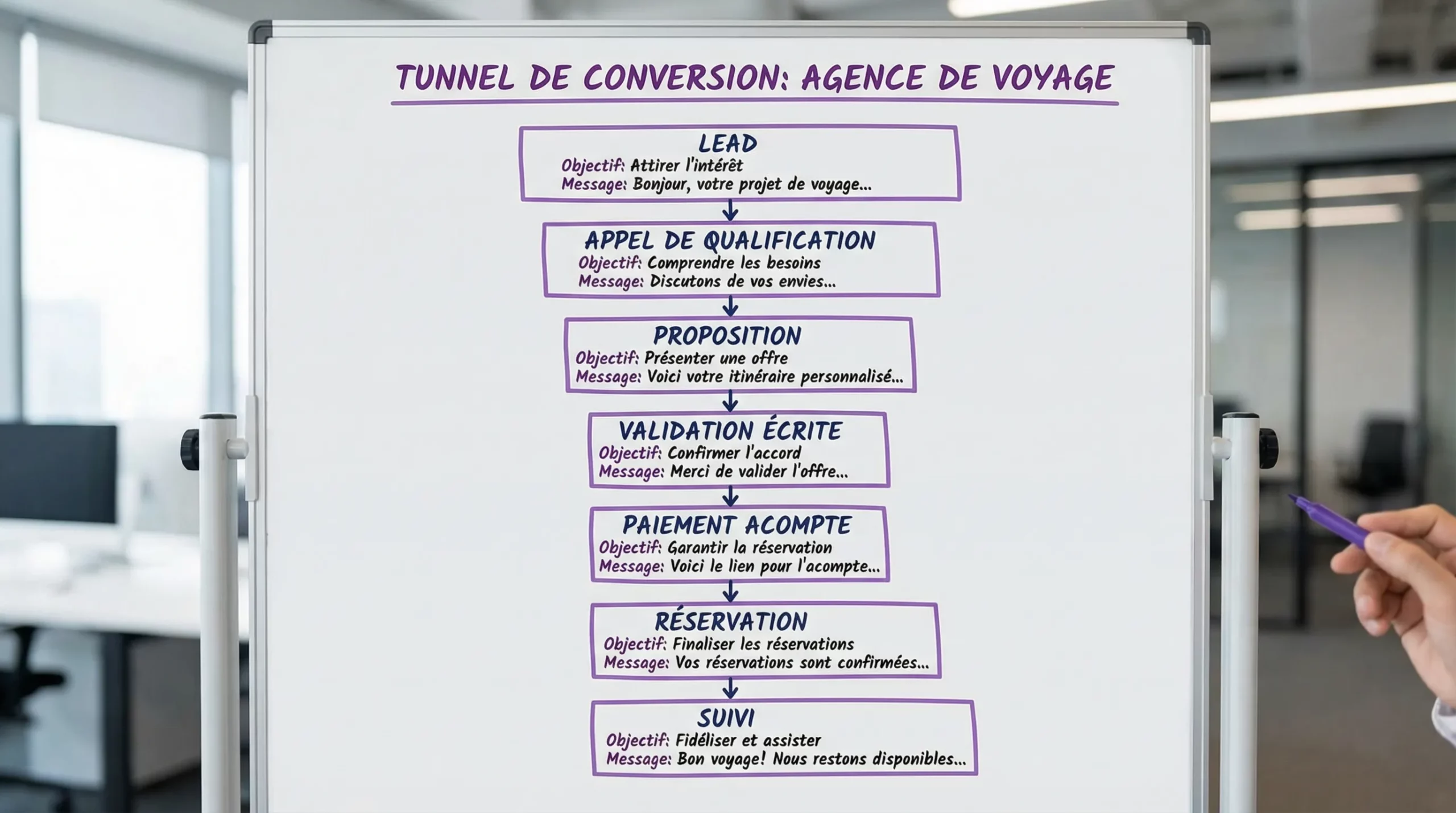 Schéma simple d’un tunnel de conversion pour une agence de voyage en création: Lead, Appel de qualification, Proposition, Validation écrite, Paiement acompte, Réservation, Suivi. Chaque étape affiche l’objectif et le message type à envoyer.