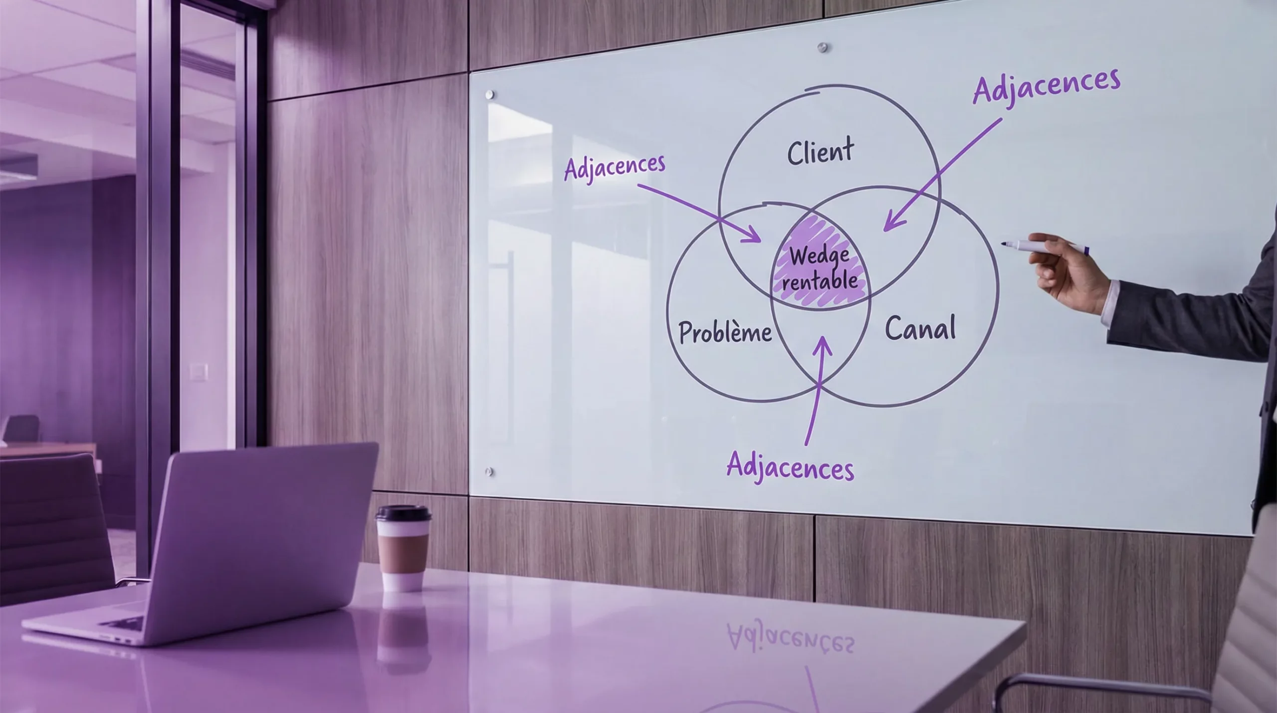 Schéma simple d’une niche “ouverte” avec trois cercles qui se recoupent: Client, Problème, Canal. Au centre, une zone “Wedge rentable” et autour, trois flèches “Adjacences”.