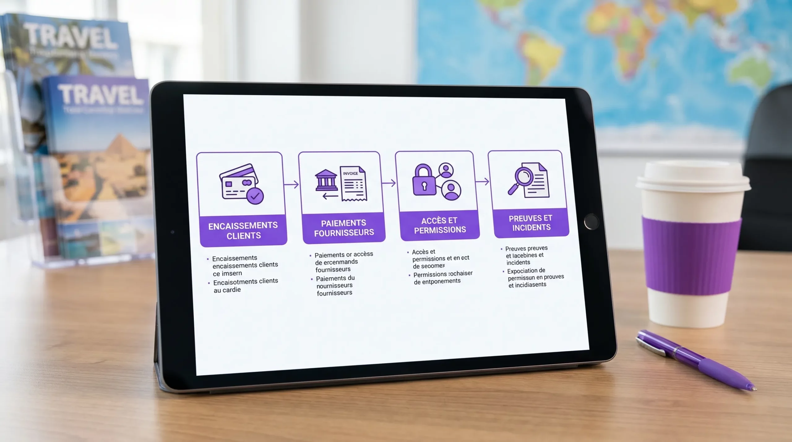 Schéma simple en 4 blocs montrant la check-list anti-fraude d’une petite agence de voyages: encaissements clients, paiements fournisseurs, accès et permissions, preuves et incidents.