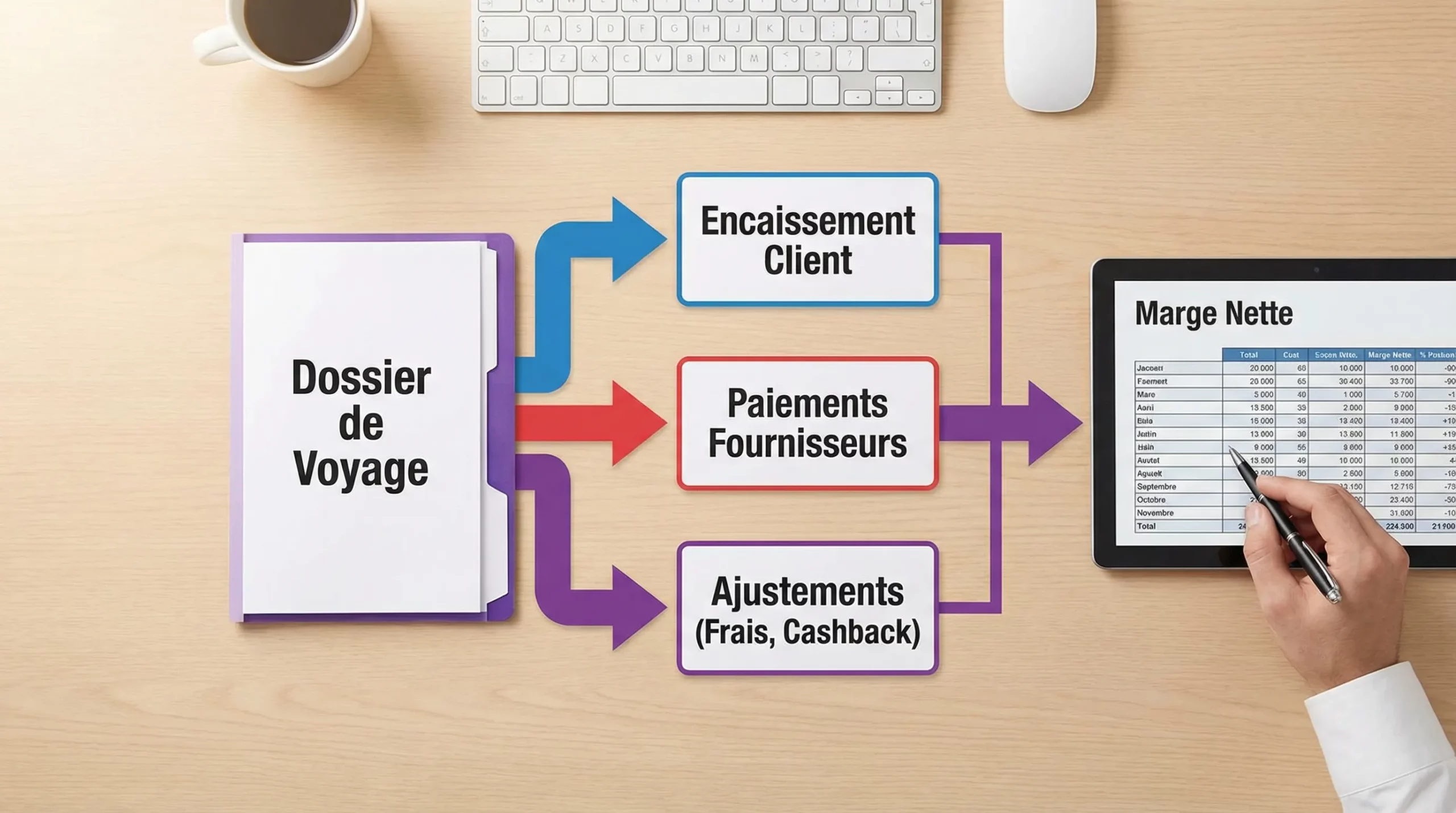 Schéma simple montrant un dossier de voyage relié à trois flux: encaissement client, paiements fournisseurs, ajustements (frais, cashback), puis une sortie vers un tableau “marge nette”.