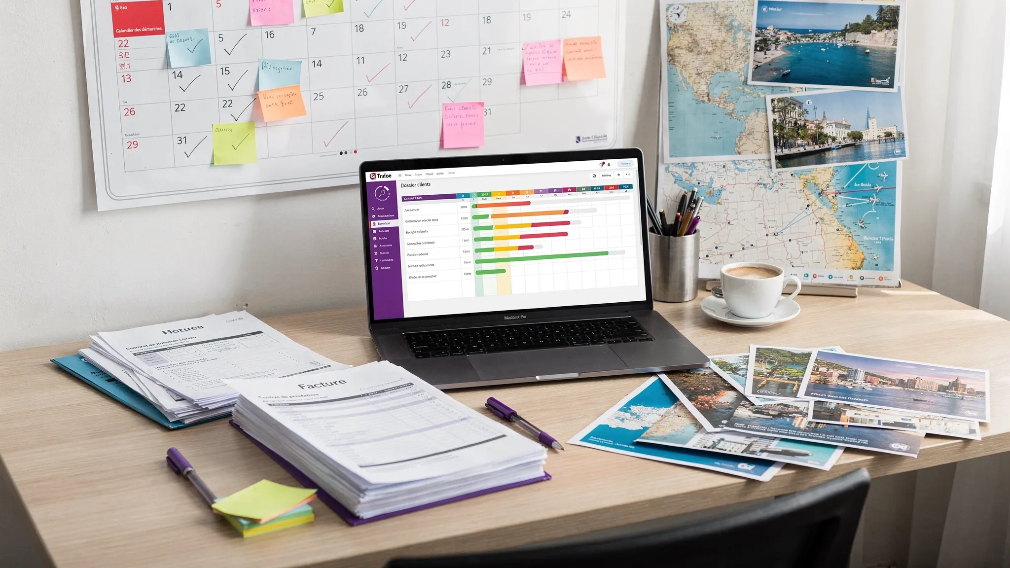 Un bureau de créateur d’agence de voyage avec un calendrier de démarches, des documents administratifs, un ordinateur ouvert sur un tableau de suivi et des cartes de destinations, illustrant la préparation ordonnée du lancement.
