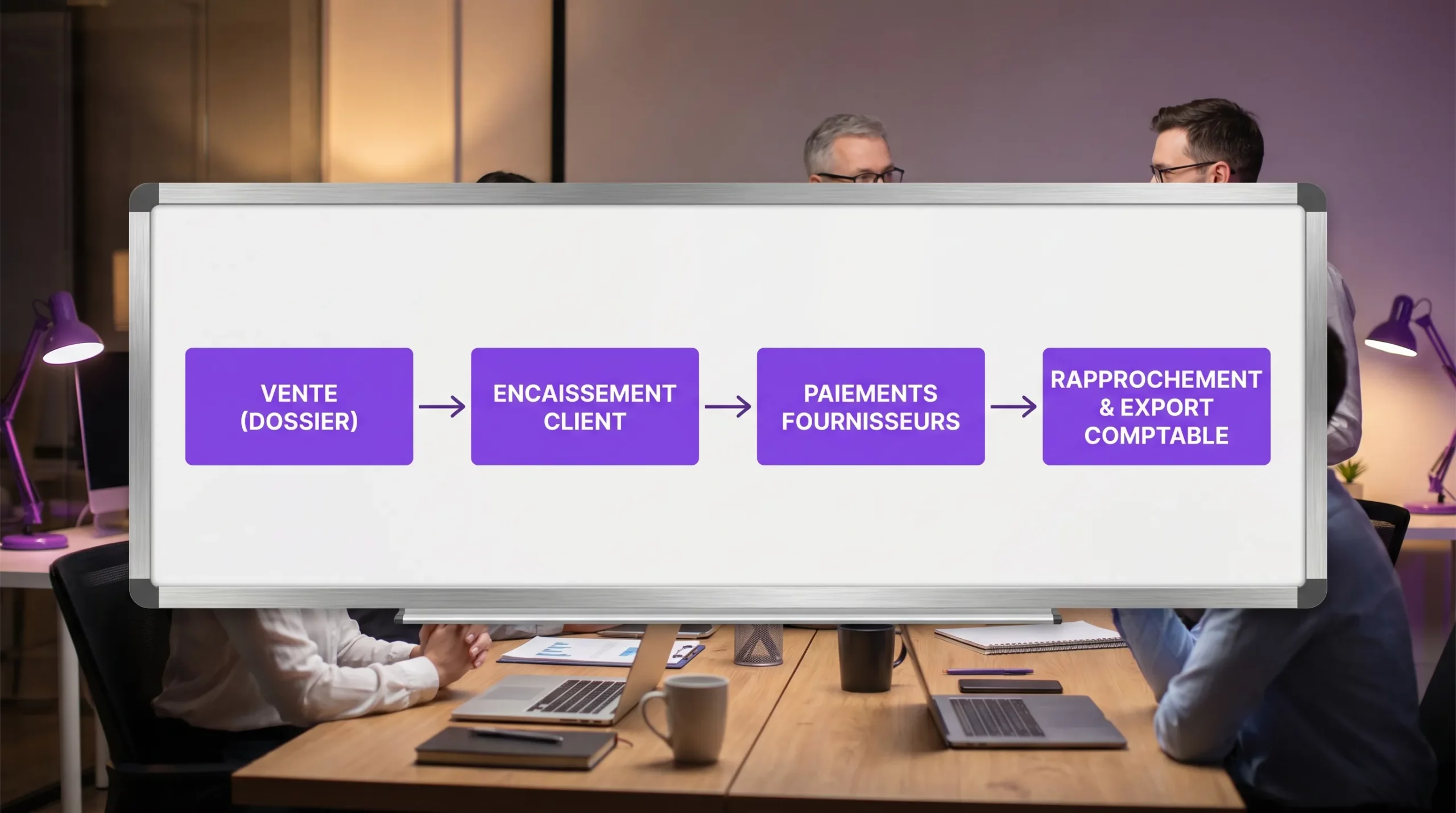 Un schéma simple en 4 blocs montrant le flux d’une agence de voyage: Vente (dossier) vers Encaissement client, puis Paiements fournisseurs, puis Rapprochement et Export comptable.