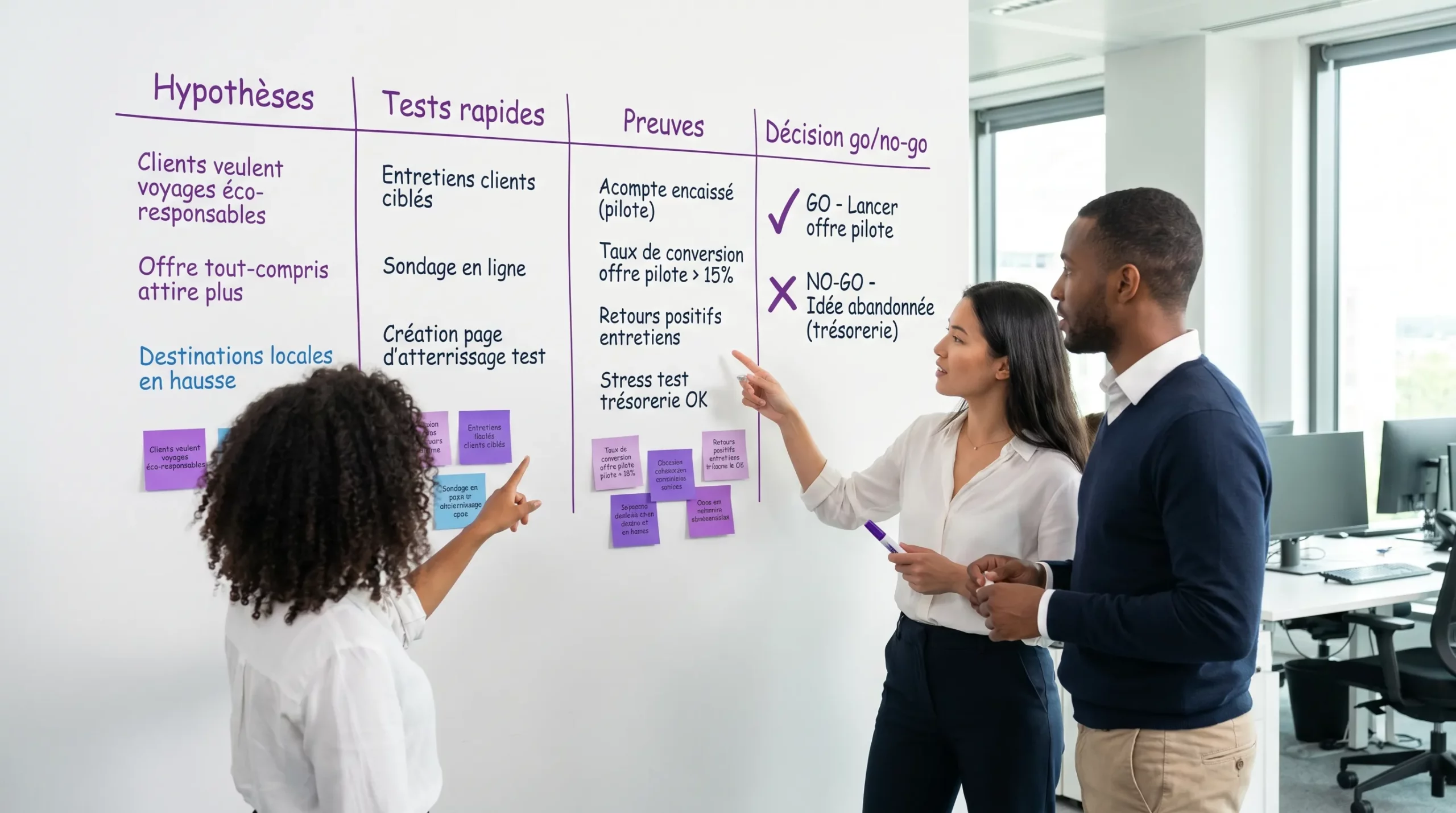 Un tableau simple de validation de projet pour une agence de voyage, avec quatre colonnes “Hypothèses”, “Tests rapides”, “Preuves”, “Décision go/no-go”, et des exemples comme entretiens, offre pilote, acompte encaissé, stress test trésorerie.