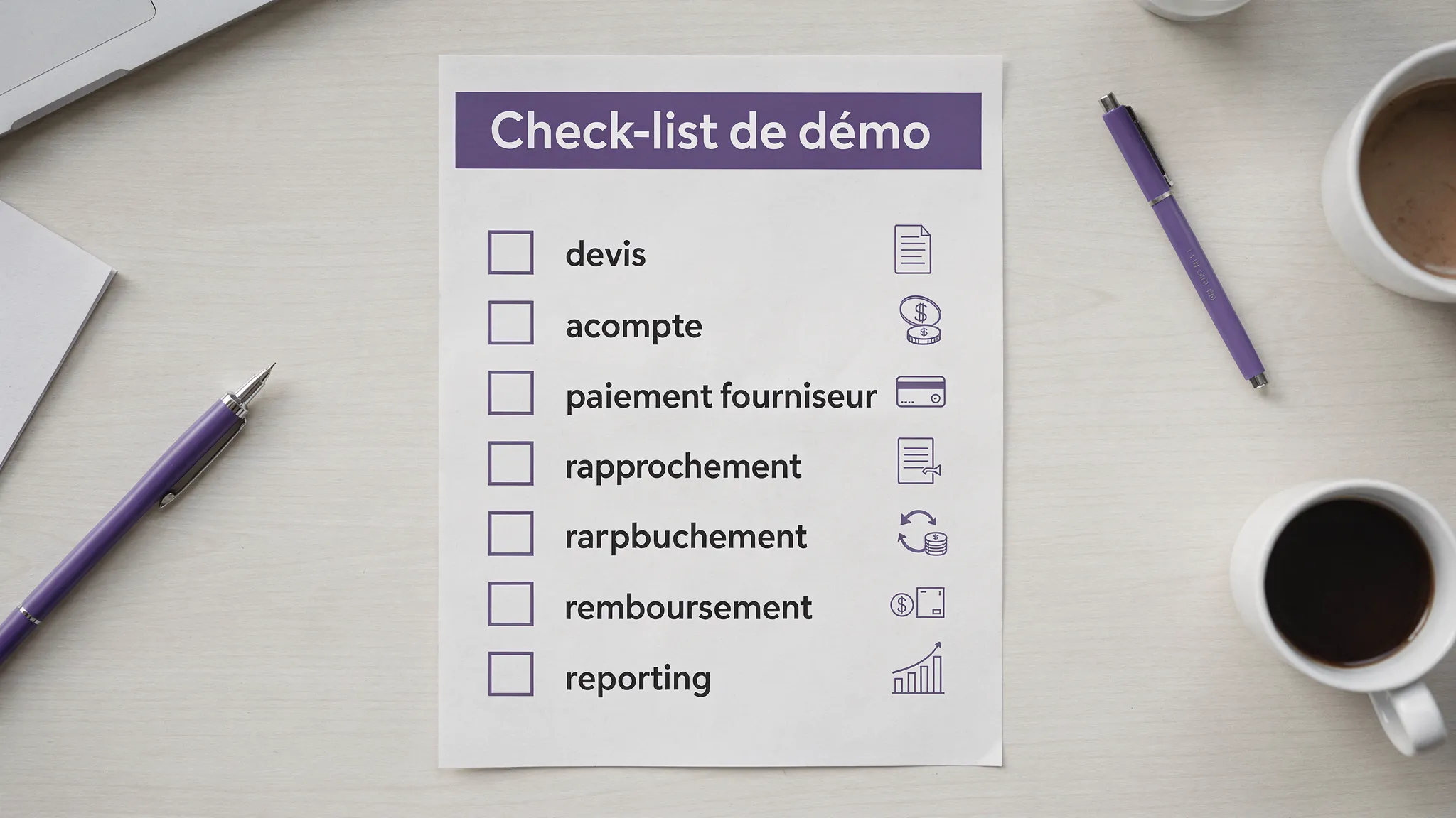 Une check-list de démo posée sur un bureau, avec un parcours en 6 étapes (devis, acompte, paiement fournisseur, rapprochement, remboursement, reporting) et des icônes simples représentant chaque étape.
