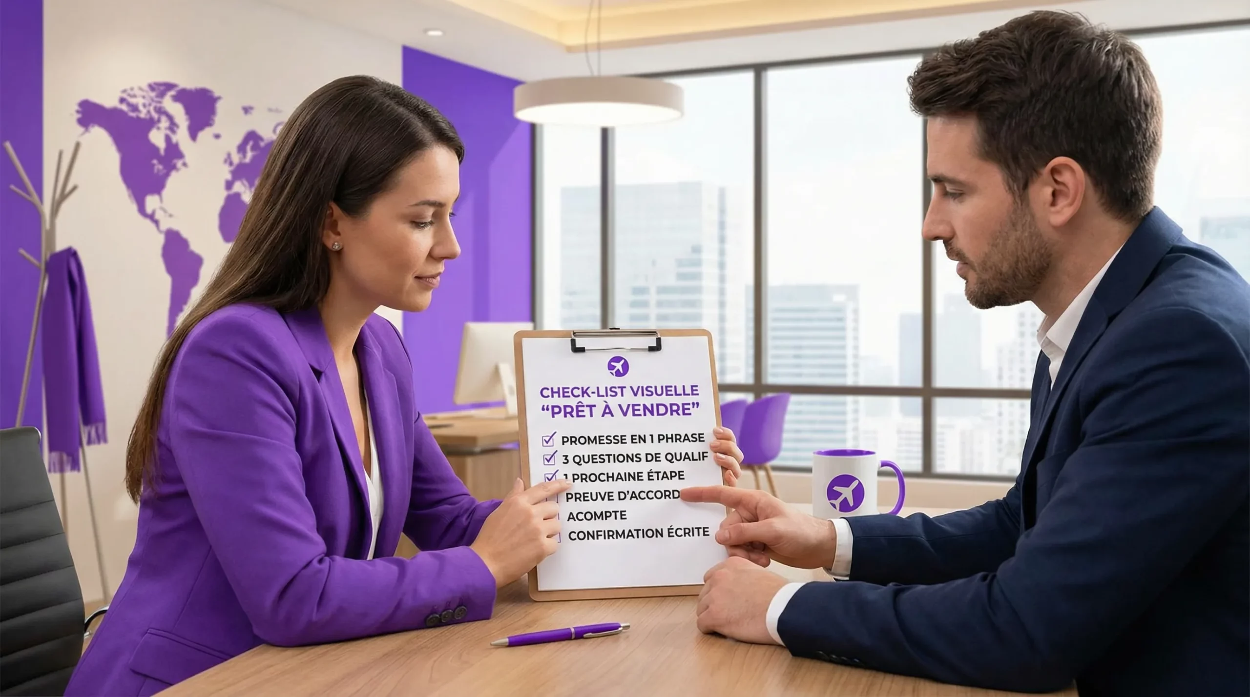 Une check-list visuelle “prêt à vendre” pour une agence de voyage en création: promesse en 1 phrase, 3 questions de qualif, 1 prochaine étape, preuve d’accord, acompte, confirmation écrite.