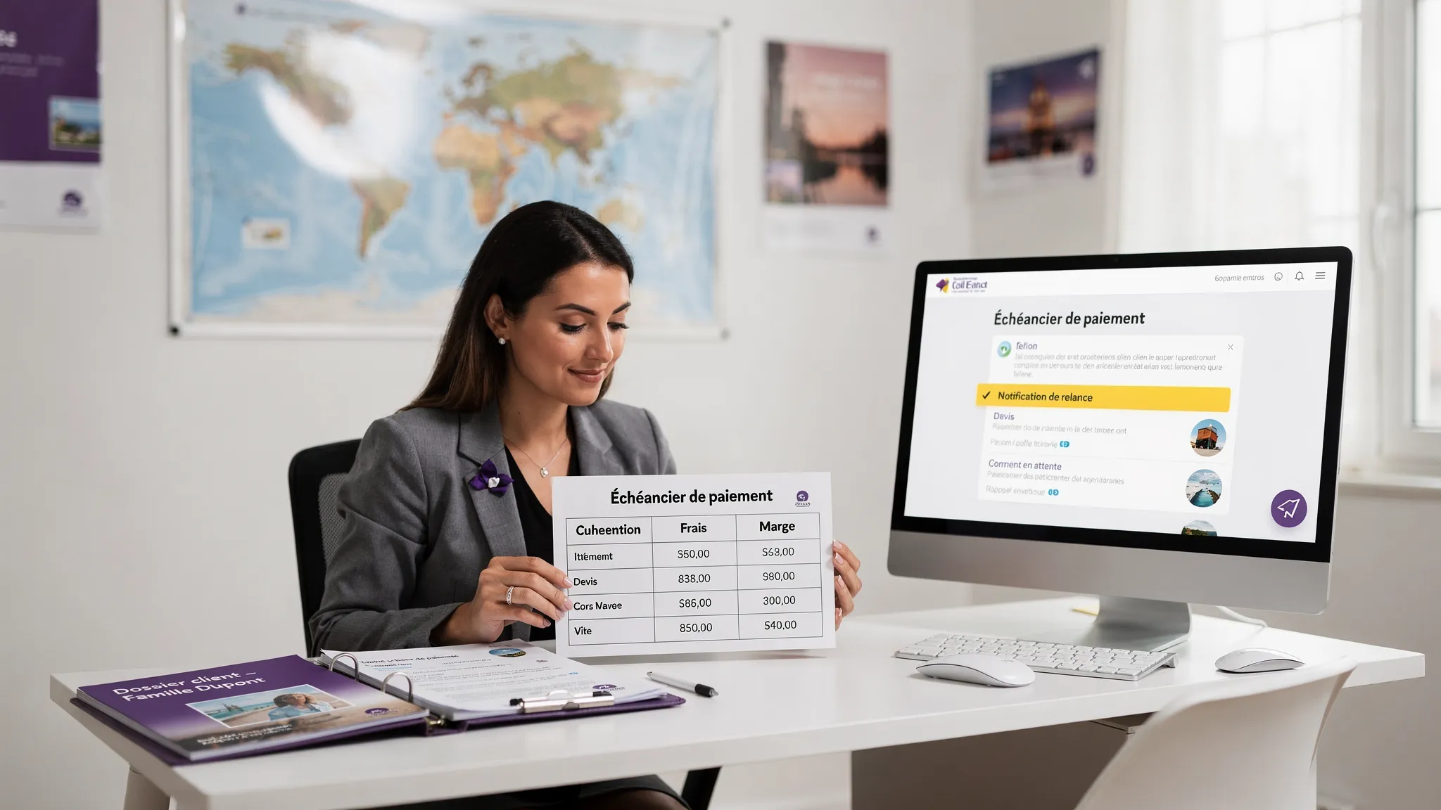 Une conseillère en agence de voyages compare un échéancier de paiement, des frais et une marge sur un tableau simple, avec un dossier client et des notifications de relance.