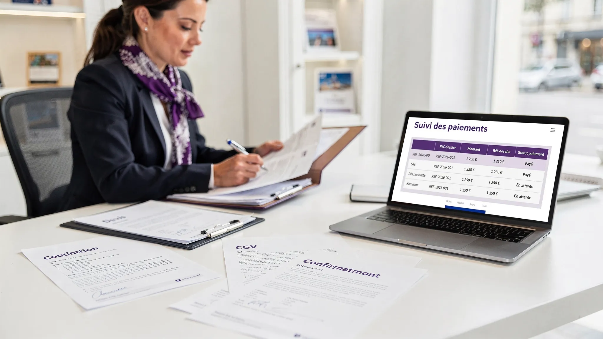 Une conseillère en agence de voyages organise un dossier client avec des documents (devis, CGV, confirmation), tandis qu’un ordinateur portable ouvert affiche un tableau de statut de paiements avec des références dossier. La scène illustre la préparation d’un pack de preuves et la vérification avant encaissement à distance.