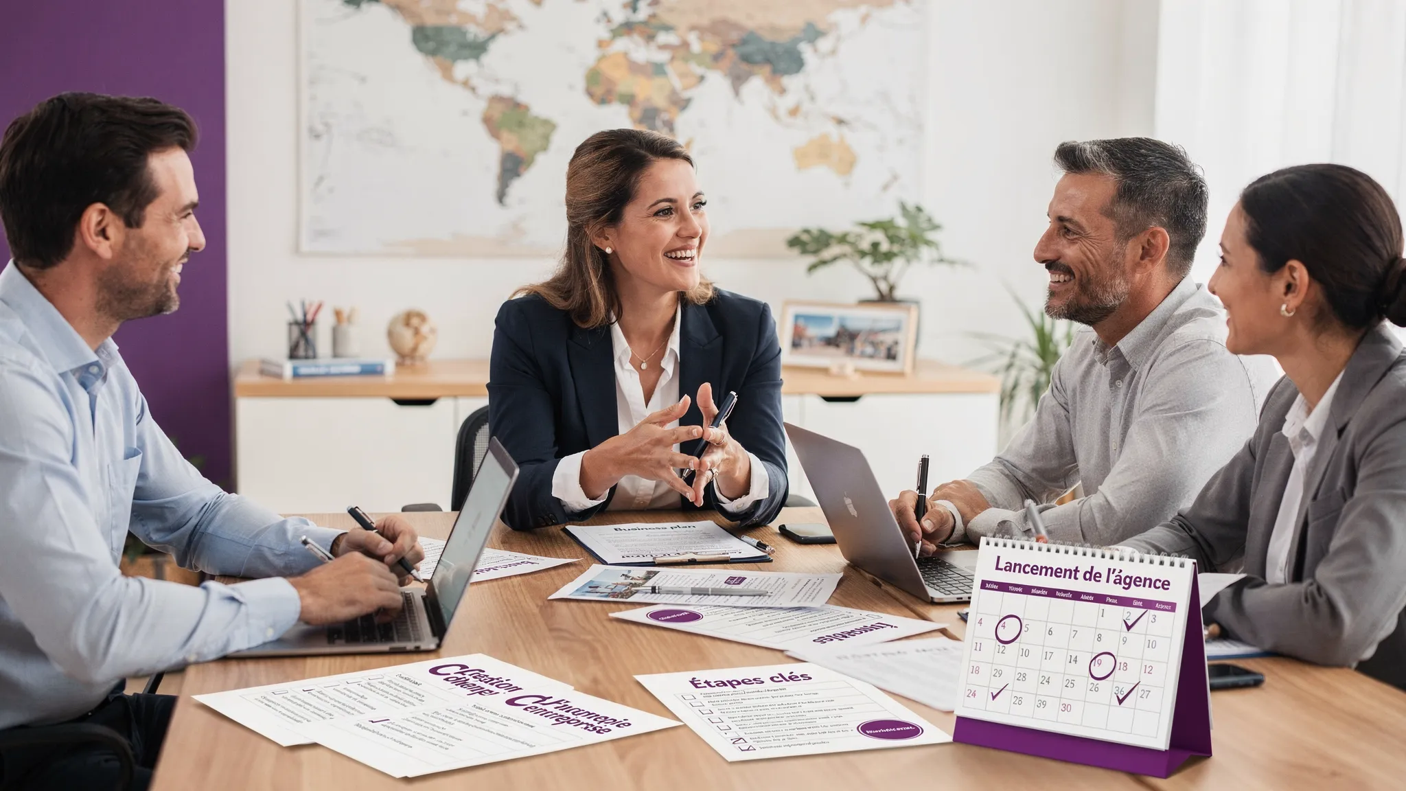 Une fondatrice d’agence de voyage échange avec trois conseillers autour d’une table, documents de création d’entreprise ouverts, calendrier et check-list visibles, ambiance professionnelle et rassurante.